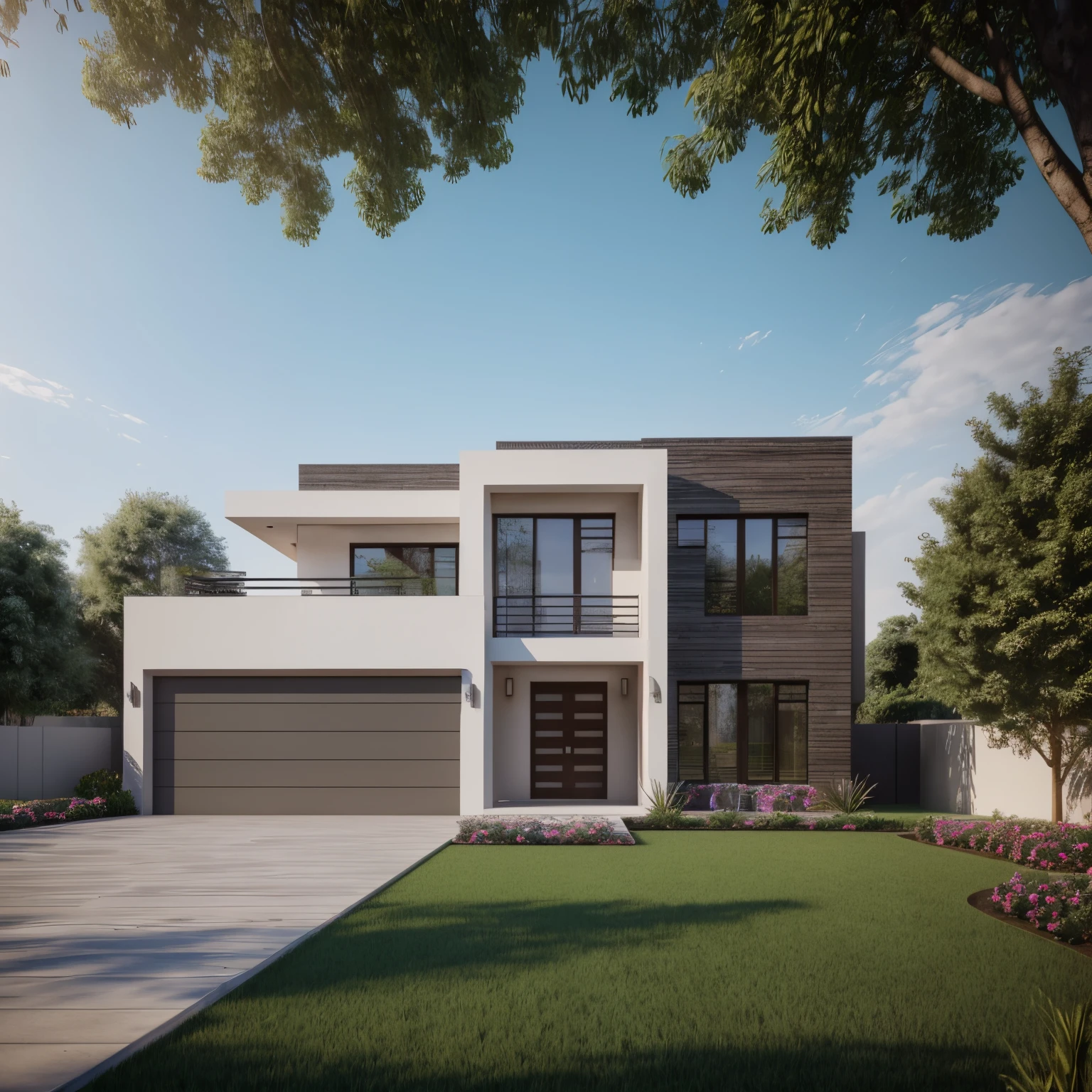 (masterpiece),(high quality), best quality, real,(realistic), super detailed, (full detail), (4k), 8k, modern house exterior design, Modern architecture, Beautiful_sky, Day light, outdoors, sky, tree, Garden flower front of building,