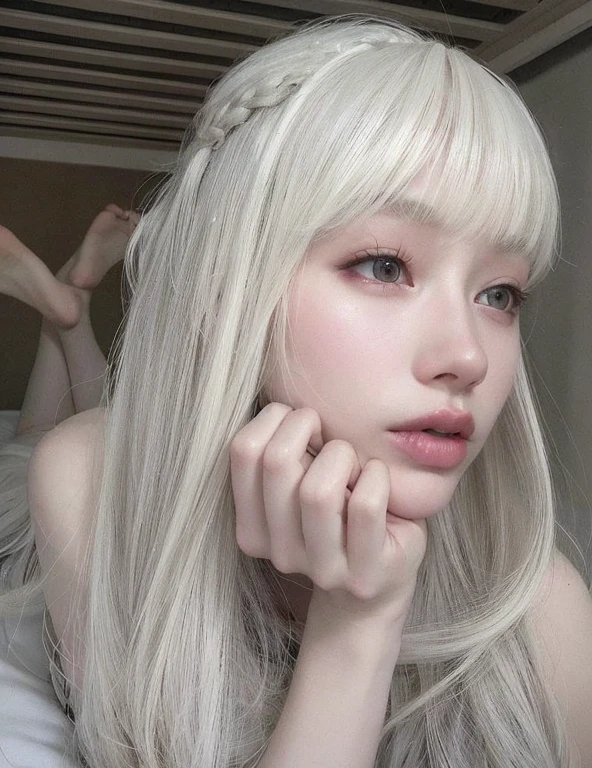 blond haired girl with long white hair laying on bed, long white hair and bangs, white bangs, pale porcelain white skin, white hime cut hairstyle, pale hair, hair whitebangs hair, pale milky white porcelain skin, porcelain white skin, with white long hair, ivory pale skin, pale snow white skin, ulzzang, pale white face, with long white hair