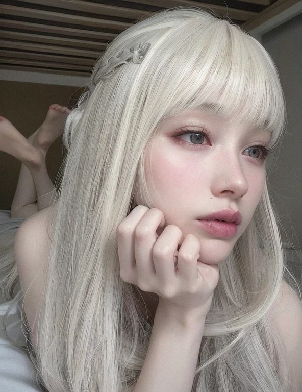 de cabelos loiros com longos cabelos brancos deitada na cama, franja branca, pale porcelain white skin, longos cabelos brancos e franja, pale hair, cabelo whitebangs cabelo, branco hime corte penteado, pale milky white porcelain skin, porcelana pele branca, pale white face, com cabelos longos brancos, pale snow white skin, ivory pale skin, pale white skin, com longos cabelos brancos