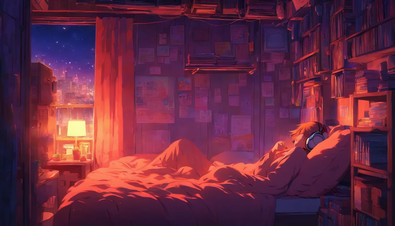 Girl sleeping in a comfortable room at night, Using headphones, cozy room, 2D style anime, Lo-fi, Hard disk,