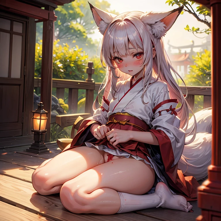 shrine maiden, with fox ears,Fox tail,pussy juice,masturbation,pleasant sensation,red blush,orgasm,