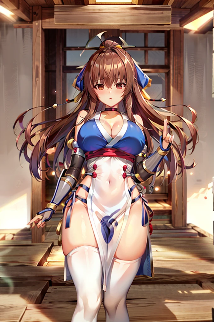 (masterpiece, best quality:1.3)
KasumiDOA, 1girl, solo, long hair, breasts, looking at viewer, bangs, large breasts, brown hair, thighhighs, dress, ribbon, cleavage, brown eyes, medium breasts, underwear, standing, panties, hair ribbon, braid, short sleeves, cowboy shot, japanese clothes, puffy sleeves, white thighhighs, puffy short sleeves, lips, sash, pelvic curtain, yellow ribbon, realistic, nose, arm guards, kote,hypnoLora,
empty eyes,Upright Pose,(Detailed futuristic laboratory interior)