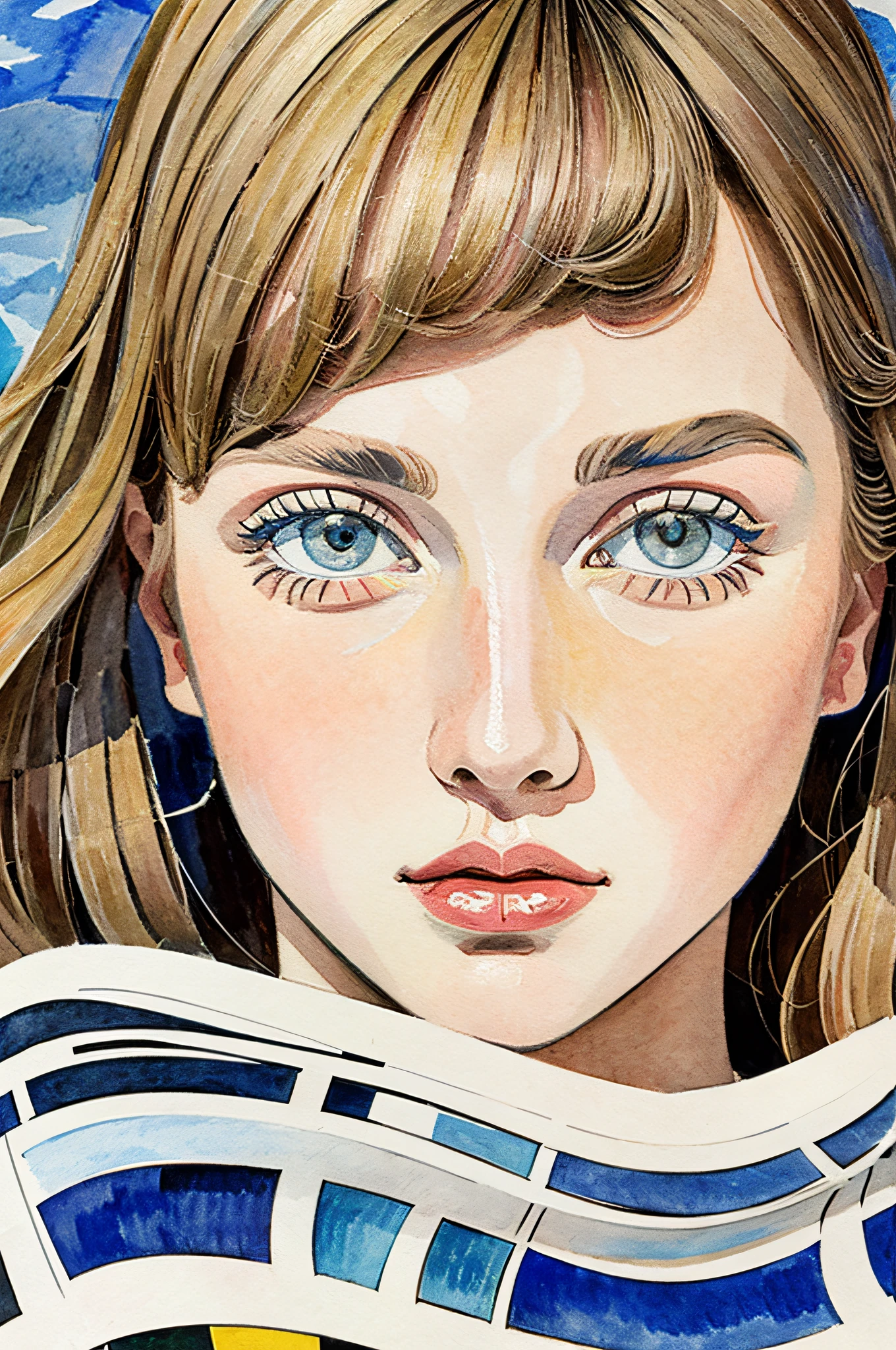 Sketched, watercolor paiting, Collage of Picasso and Robert Delaunay, cubism, Abstract, Cute daughter, big clear blue eyes, Little red cheeks, Blonde long-haired, Face-centric, Against the backdrop of newspapers and fashion magazines, Intricate Brushwork, high-level image quality, A breathtaking masterpiece