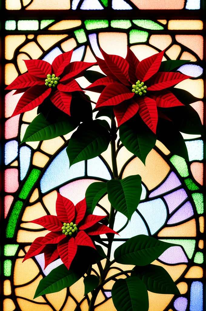 poinsettia flower made in a stained glass window, colorful, 3d render