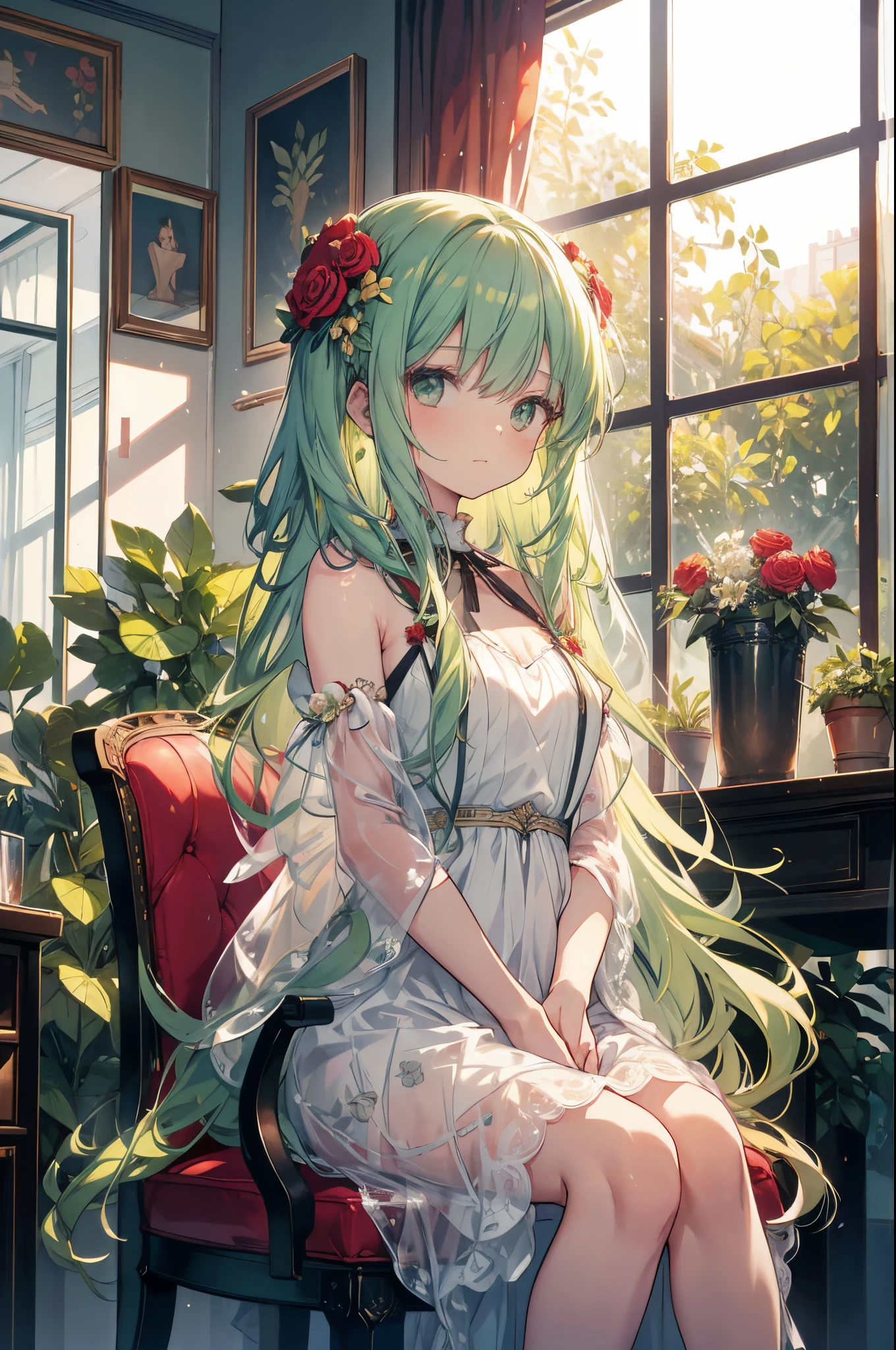 a green haired girl sitting on a chair in front of a window with plants, 1girl, flower, solo, long hair, rose, red flower, dress, hair ornament, red rose, hair flower, sitting, looking at viewer, window, white dress, very long hair, curtains, bangs, indoors, closed mouth