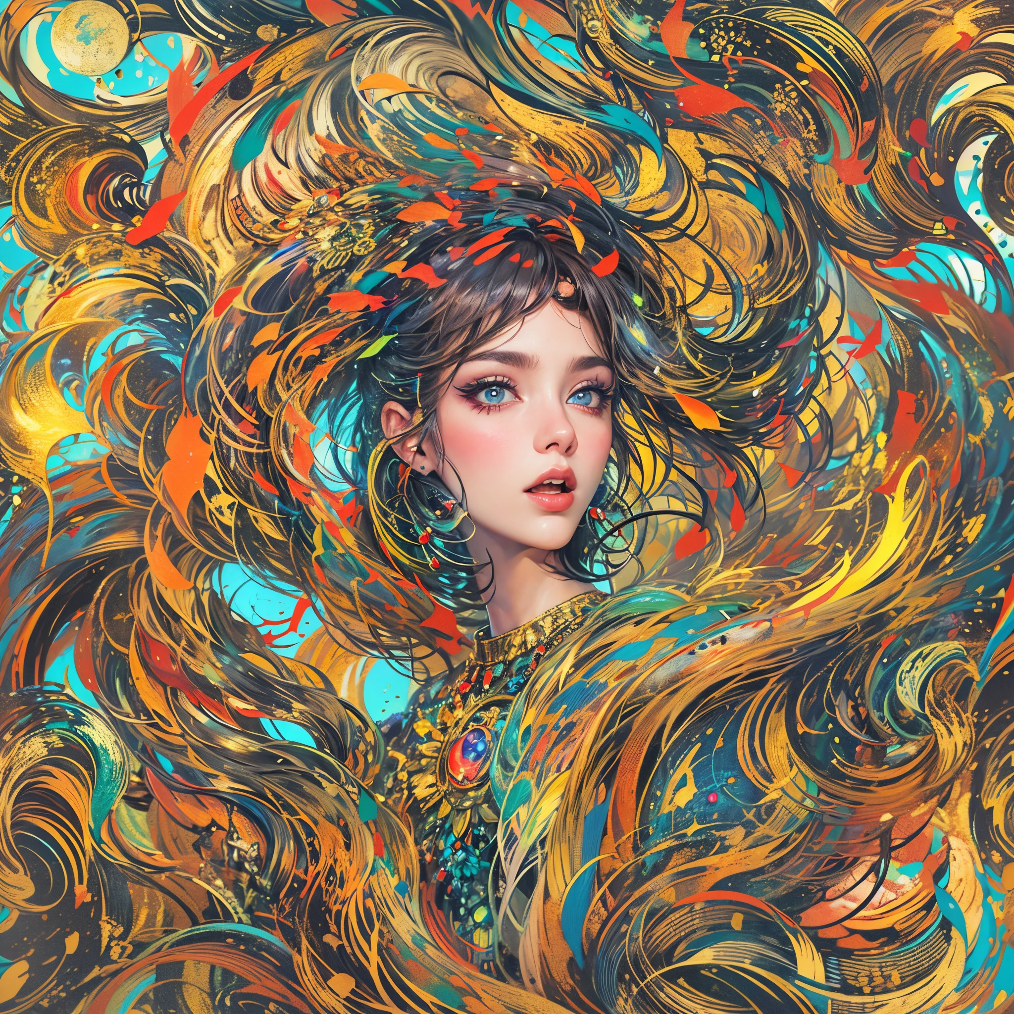 A painting of a woman with long hair and a colorful background - SeaArt AI