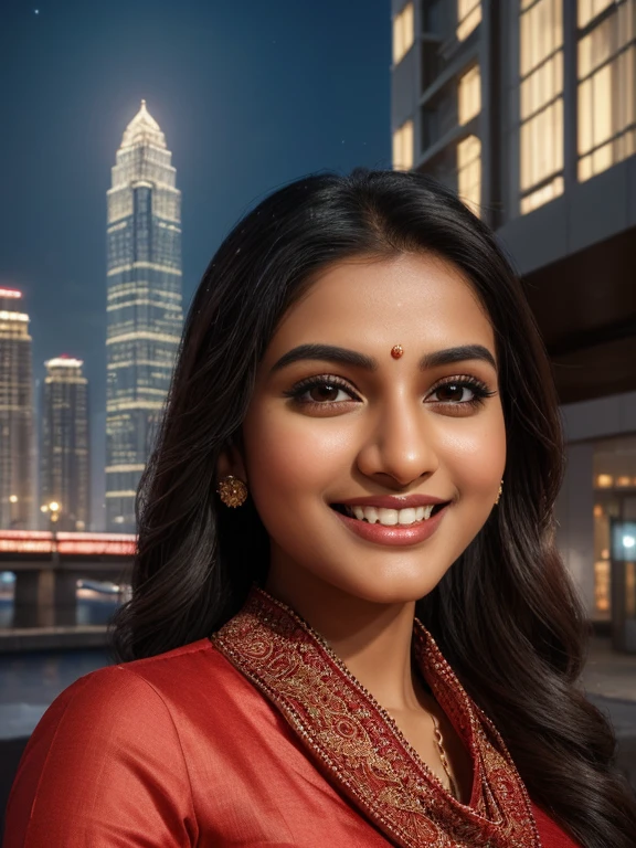 evening scenario, (photorealism:1.6 masterpiece, high quality, photorealistic:1.6, realistic:1.6), (portrait:1.6 full body), zeta pixel, 1 Tamil girl, extremely beautiful 20 years old, (bright smile:1.6), long black hair, eyes symmetry, face symmetry, (tight kurti shawl slim churidar pants), slippers, 34 28 32,  (intricate detailing:1.6 faces & eyes & nose & ears & lips & curves & skin & body parts), modern ornaments, looking at camera, standing in the city streets, elegant pose, (background detailing:1.6 evening sky vibrant colors skyscrapers maximize objects)