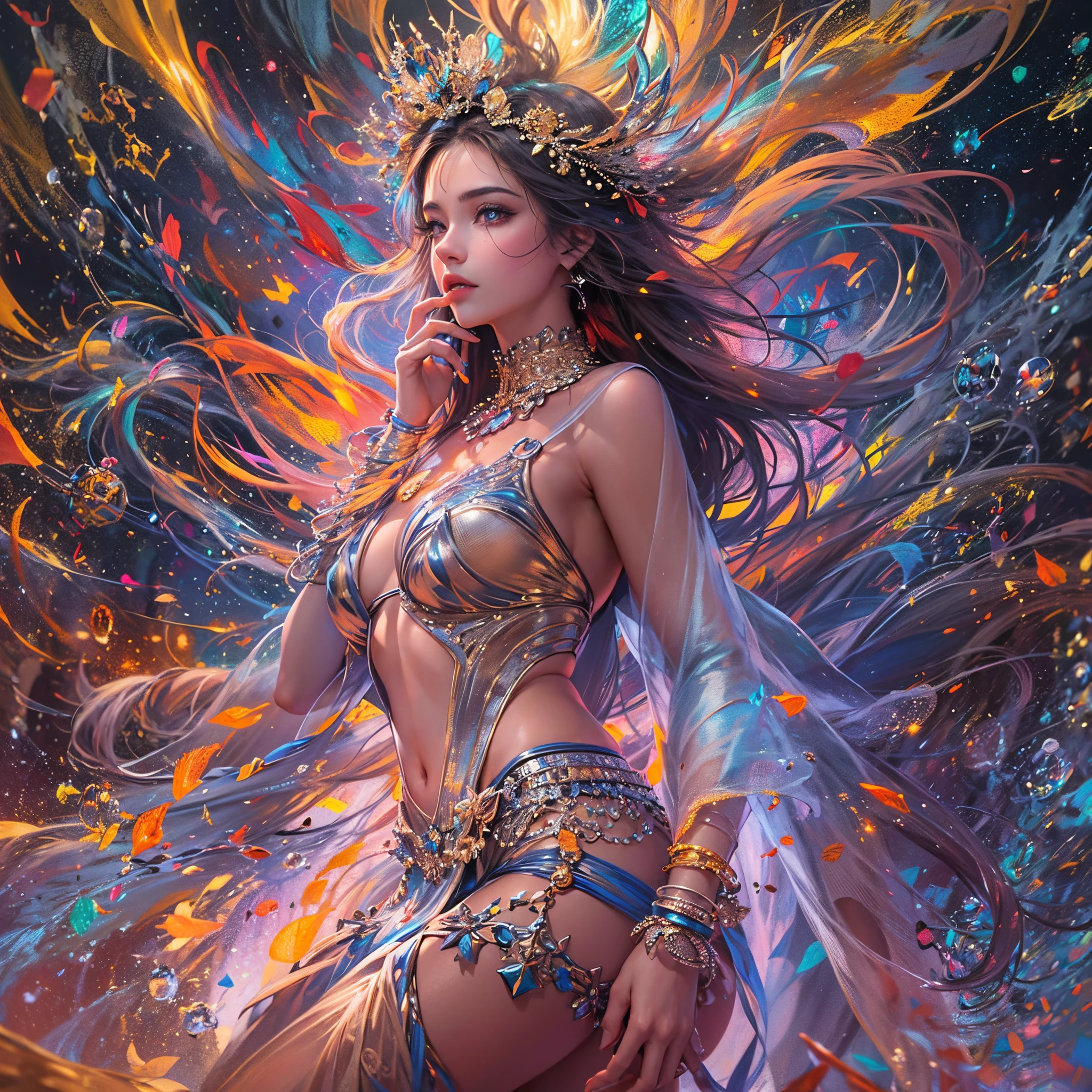 Behold a breathtaking digital masterpiece (((melhor qualidade))), agora, sexy, hottie pornográfico, corpo de top model, salto alto, pose vulgar, olhar fulminante, maquiagem vulgar, (corpo inteiro), cosmico, Perspectivas exageradas, vibrancy, paleta pastel, luzes coloridas-neons,