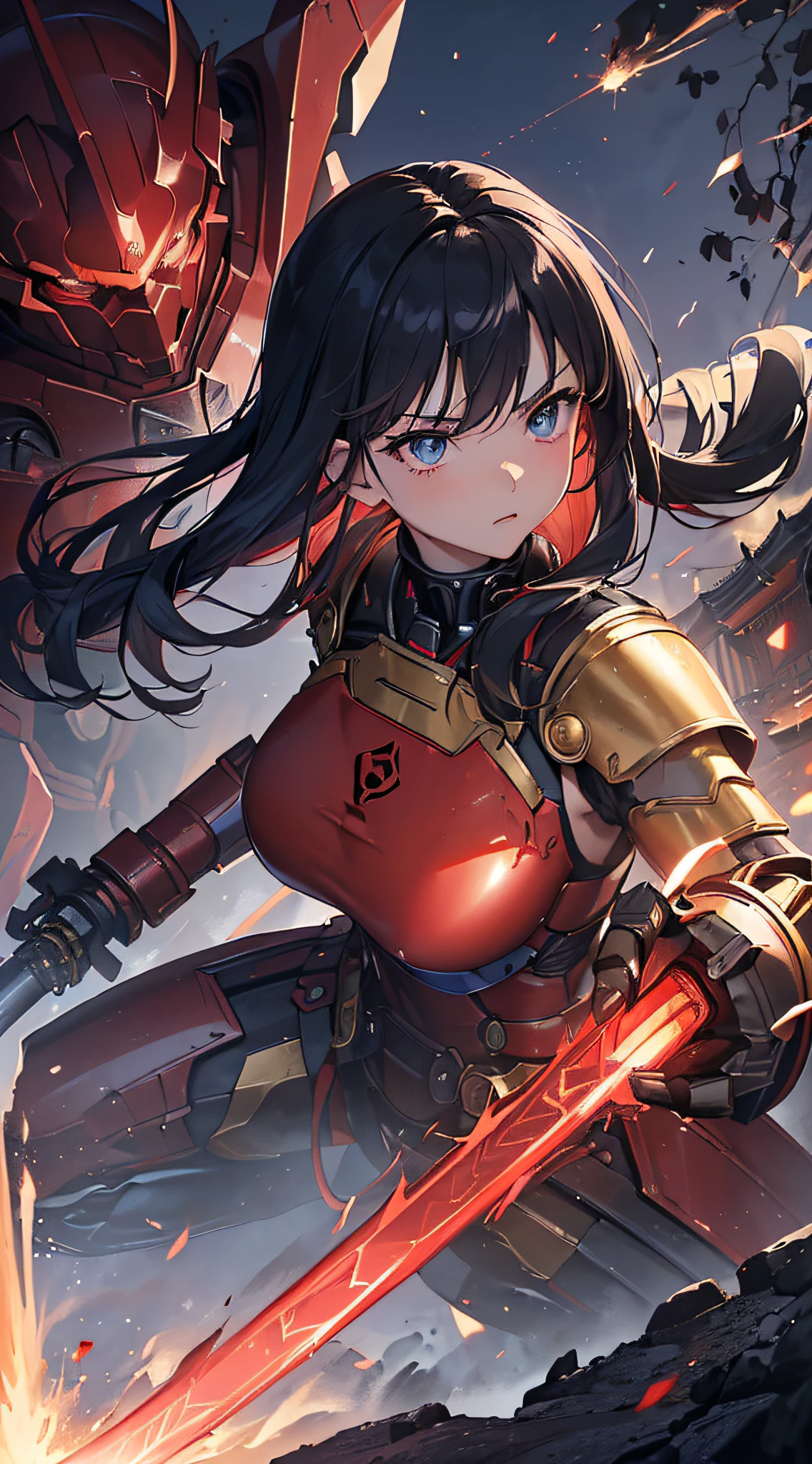 top-quality、Top image quality、masterpiece、girl with((red and black mechanical body armor、blue mechanic arm、white leg arms、Shining gold body line、sixteen years old、teen ager、cute little、Best Bust、big bast,Beautiful light blue eyes、Breasts wide open, Black hair semi-long、A slender,Large valleys、belligerent movements,glowing whip、Warlike face、fighting poses、red glowing shield、Japanese sword shining red、Bruised body、Red muffler)),hiquality、Beautiful Art、Background with((Mechanical City、TOKYOcty)))、Depth((Black Giant Robot)),masutepiece、depth of fields,Cinematic style