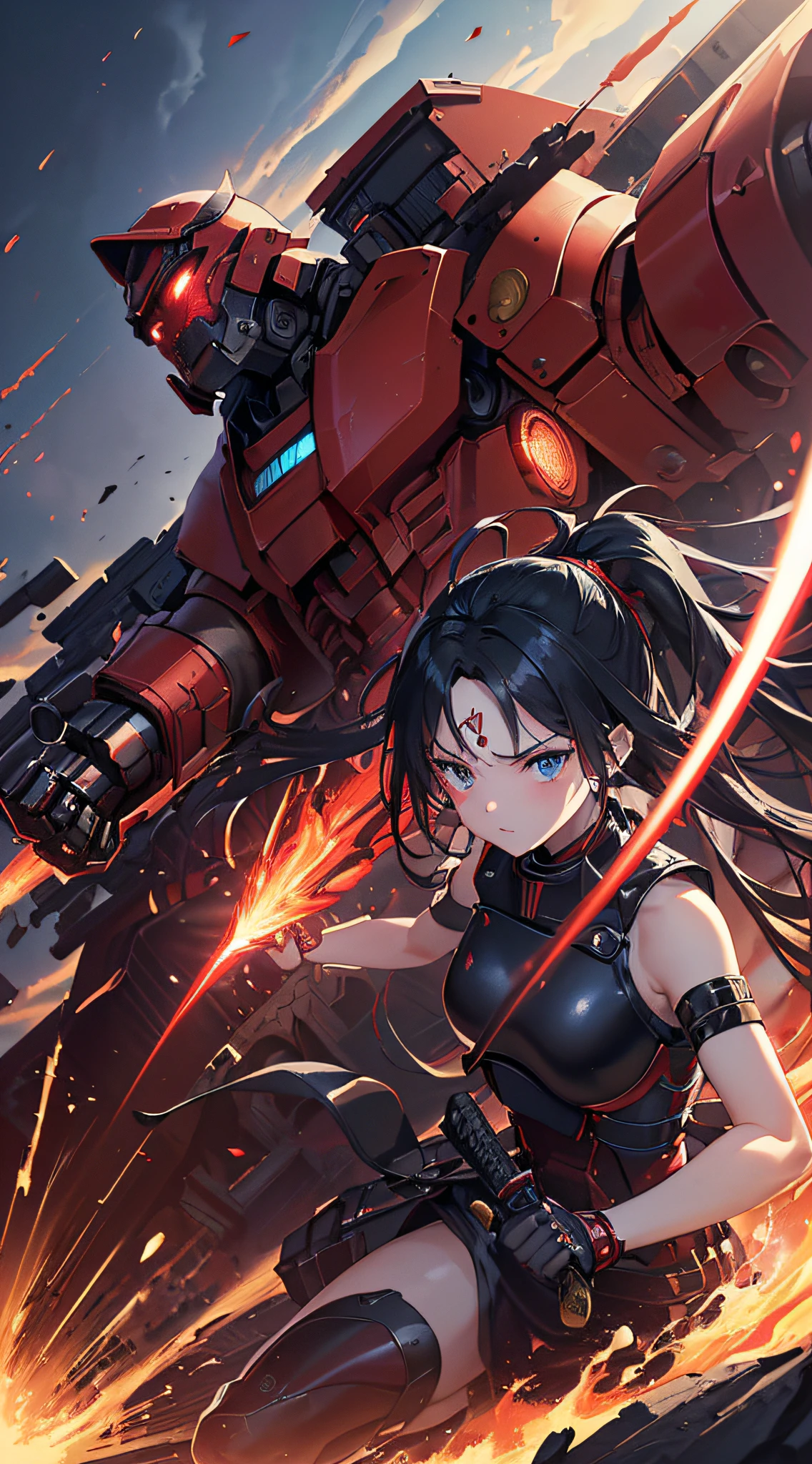top-quality、Top image quality、​masterpiece、girl with((red and black mechanical body armor、blue mechanic arm、white leg arms、Shining gold body line、sixteen years old、teen ager、cute little、Best Bust、big bast,Beautiful light blue eyes、Breasts wide open, Black hair semi-long、A slender,Large valleys、belligerent movements,glowing whip、Warlike face、fighting poses、red glowing shield、Japanese sword shining red、Bruised body、Red muffler)),hiquality、Beautiful Art、Background with((Mechanical City、TOKYOcty)))、Depth((Black Giant Robot)),masutepiece、depth of fields,Cinematic style