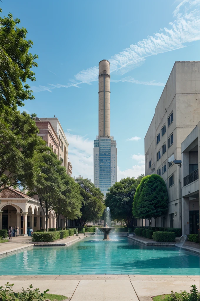 a water fountain with trees and a building in the background, a matte painting, inspired by David LaChapelle, environmental art, chemical plant, vibrant vivid colors, high quality product image”, the city is full of green plants