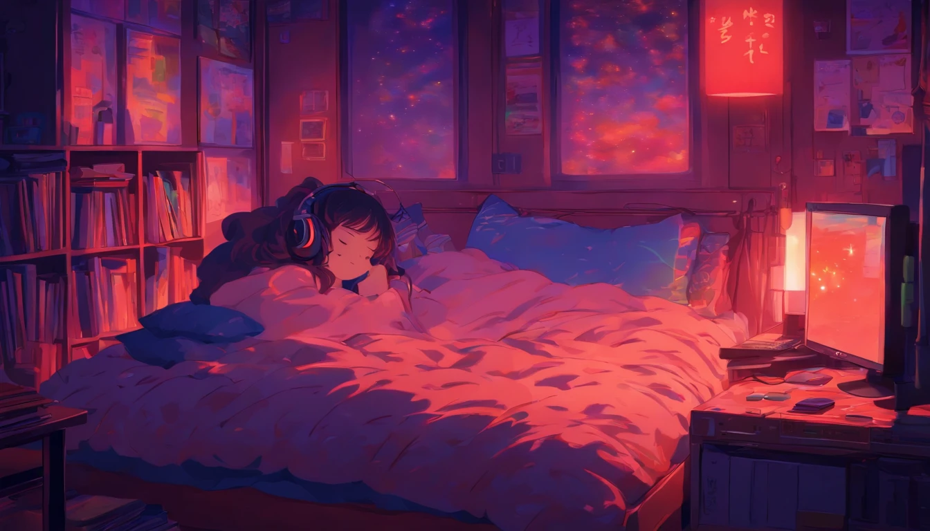 Girl sleeping in a comfortable room at night, Using headphones, cozy room, 2D style anime, Lo-fi, Hard disk