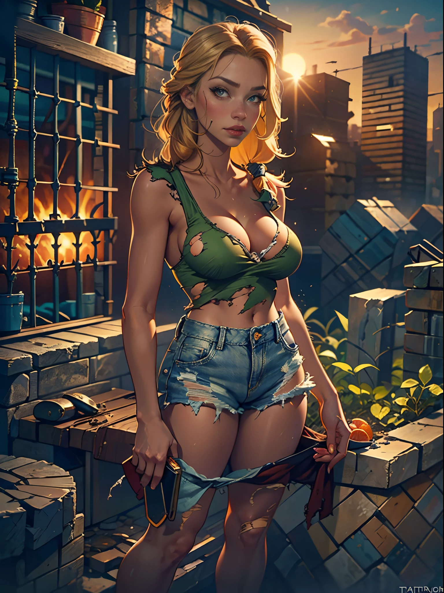 2076 year. The Urban Ruins of the Wasteland, Female huntress picking fruit in the garden, beautiful face, blonde, very torn shirt and denim shorts, shirt in tatters , long legs, sweating through, sun rising, Nice warm colors, head to toe full body shot