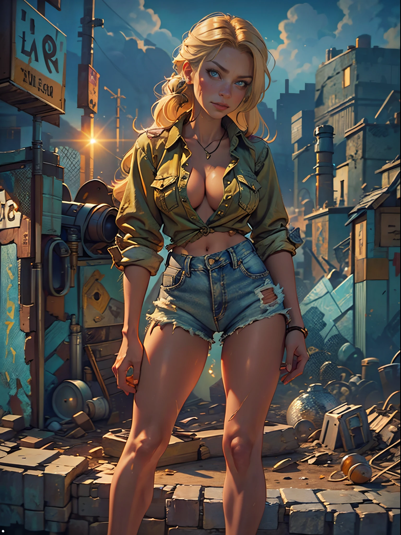 2076 year. The Urban Ruins of the Wasteland, Female huntress picking fruit in the garden, beautiful face, blonde, very torn shirt and denim shorts, shirt in tatters , long legs, sweating through, sun rising, Nice warm colors, head to toe full body shot