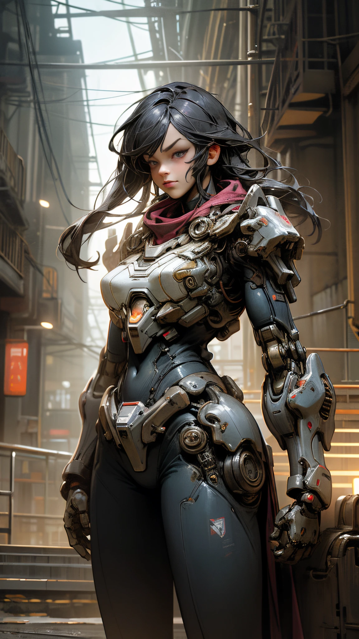 Girl, Sexy,, Face and Chest and Thighs Skin Exposed, Big, Cleavage Exposed Skin, Purple Eyes, Glowing Eyes, Fine LED Lamps, Detailed Neon, Dark_Fantasy, Cyberpunk Suit, (Gundam, Red: 1.1), One, Mechanical Wonders, Robotic Presence, Cybernetic Guardian, Wearing a worn-out mech suit, complex, (Steel Metal[rusty]), elegant and clear focus, cinematography by Gregg Lutkowski, soft lighting, vivid colors, masterpieces, (street)), cowboy shots, dynamic poses,