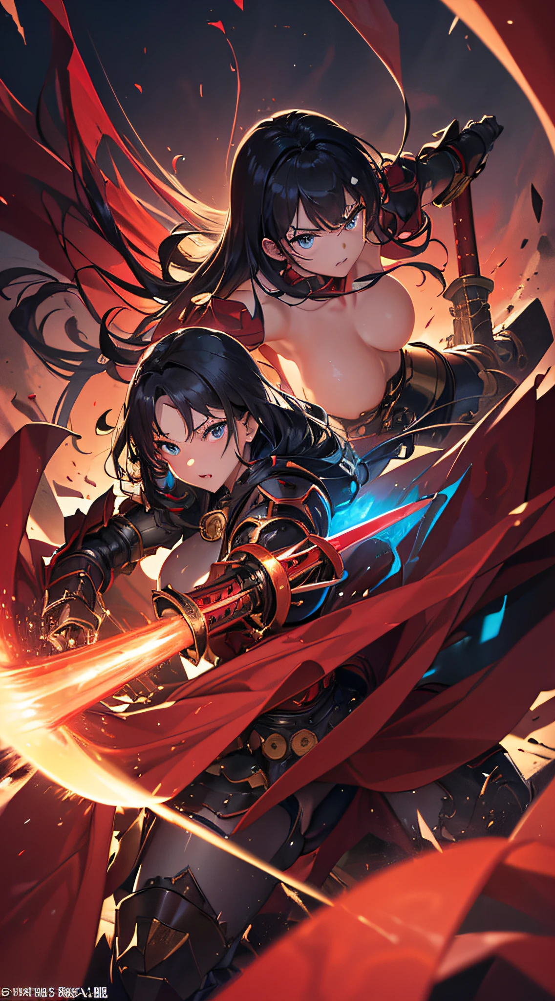 top-quality、Top image quality、​masterpiece、girl with((gold body line、sixteen years old、 ager、cute little、Best Bust、big bast,Beautiful light blue eyes、Breasts wide open, Black hair semi-long、A slender,Large valleys、belligerent movements,glowing whip、Warlike face、fighting poses、red glowing shield、Japanese sword shining red、Bruised body、Red muffler)),hiquality、Beautiful Art、Background with((Mechanical City、TOKYOcty)))、Depth((Black Giant Robot)),masutepiece、depth of fields,Cinematic style