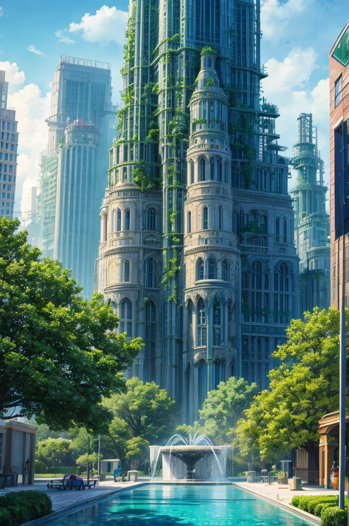 a water fountain with trees and a building in the background, a matte painting, inspired by David LaChapelle, environmental art, chemical plant, vibrant vivid colors, high quality product image”, the city is full of green plants