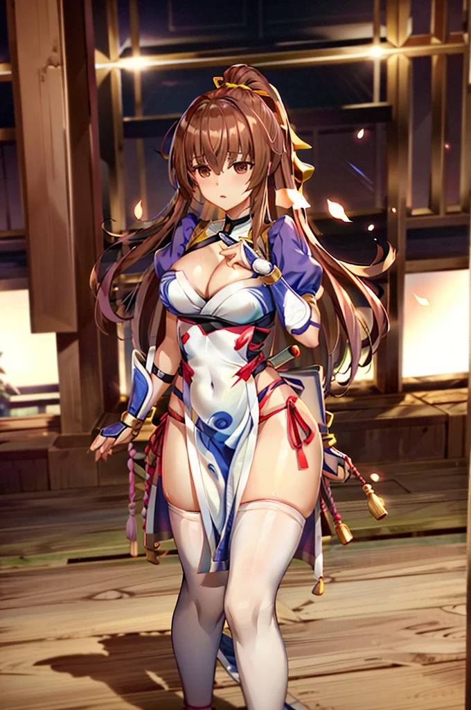 (masterpiece, best quality:1.3)
KasumiDOA, 1girl, solo, long hair, breasts, looking at viewer, bangs, large breasts, brown hair, thighhighs, dress, ribbon, cleavage, brown eyes, medium breasts, underwear, standing, panties, hair ribbon, braid, short sleeves, cowboy shot, japanese clothes, puffy sleeves, white thighhighs, puffy short sleeves, lips, sash, pelvic curtain, yellow ribbon, realistic, nose, arm guards, kote,hypnoLora,
empty eyes,Upright Pose,Inside a futuristic and complex operational command center:1.2)