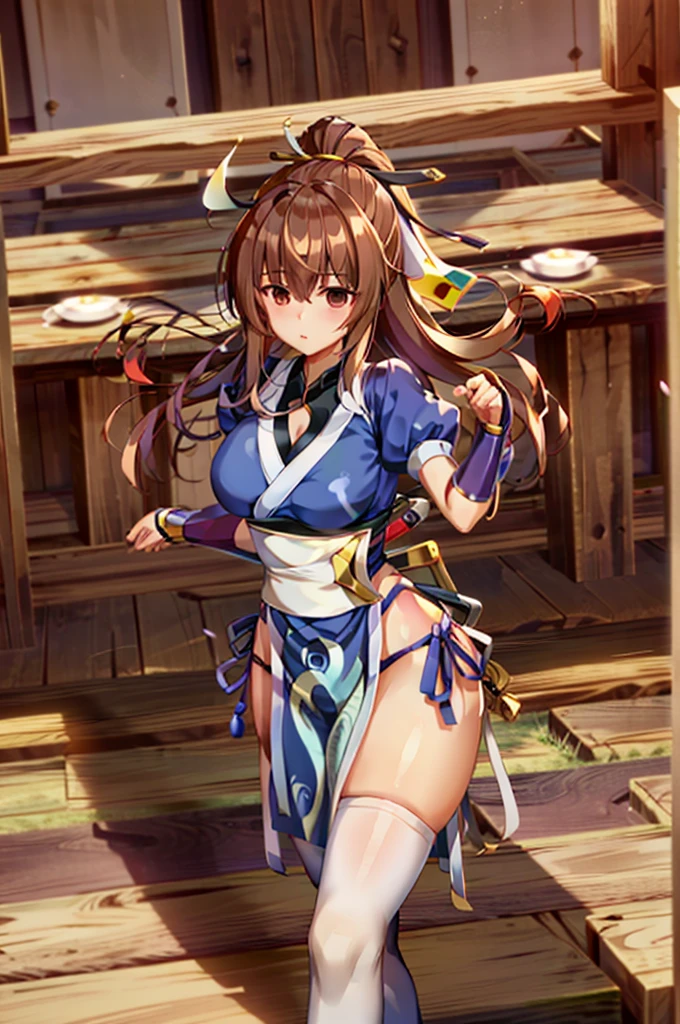(masterpiece, best quality:1.3)
KasumiDOA, 1girl, solo, long hair, breasts, looking at viewer, bangs, large breasts, brown hair, thighhighs, dress, ribbon, cleavage, brown eyes, medium breasts, underwear, standing, panties, hair ribbon, braid, short sleeves, cowboy shot, japanese clothes, puffy sleeves, white thighhighs, puffy short sleeves, lips, sash, pelvic curtain, yellow ribbon, realistic, nose, arm guards, kote,hypnoLora,
empty eyes,Upright Pose,Inside a futuristic and complex operational command center:1.2)