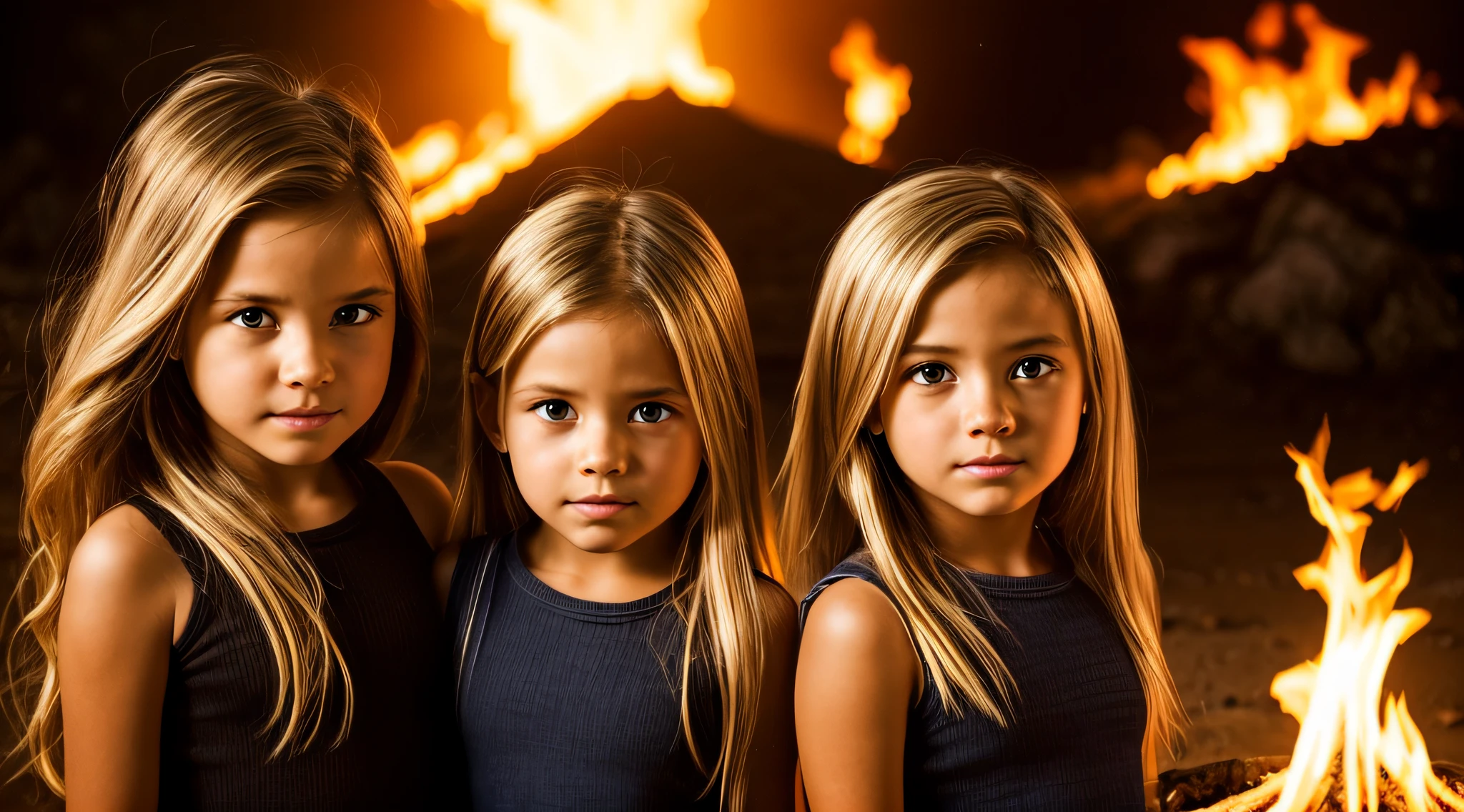 halo de fogo luminoso, there are two CHILDREN girls BLONDE HAIR in front of a ring of fire,