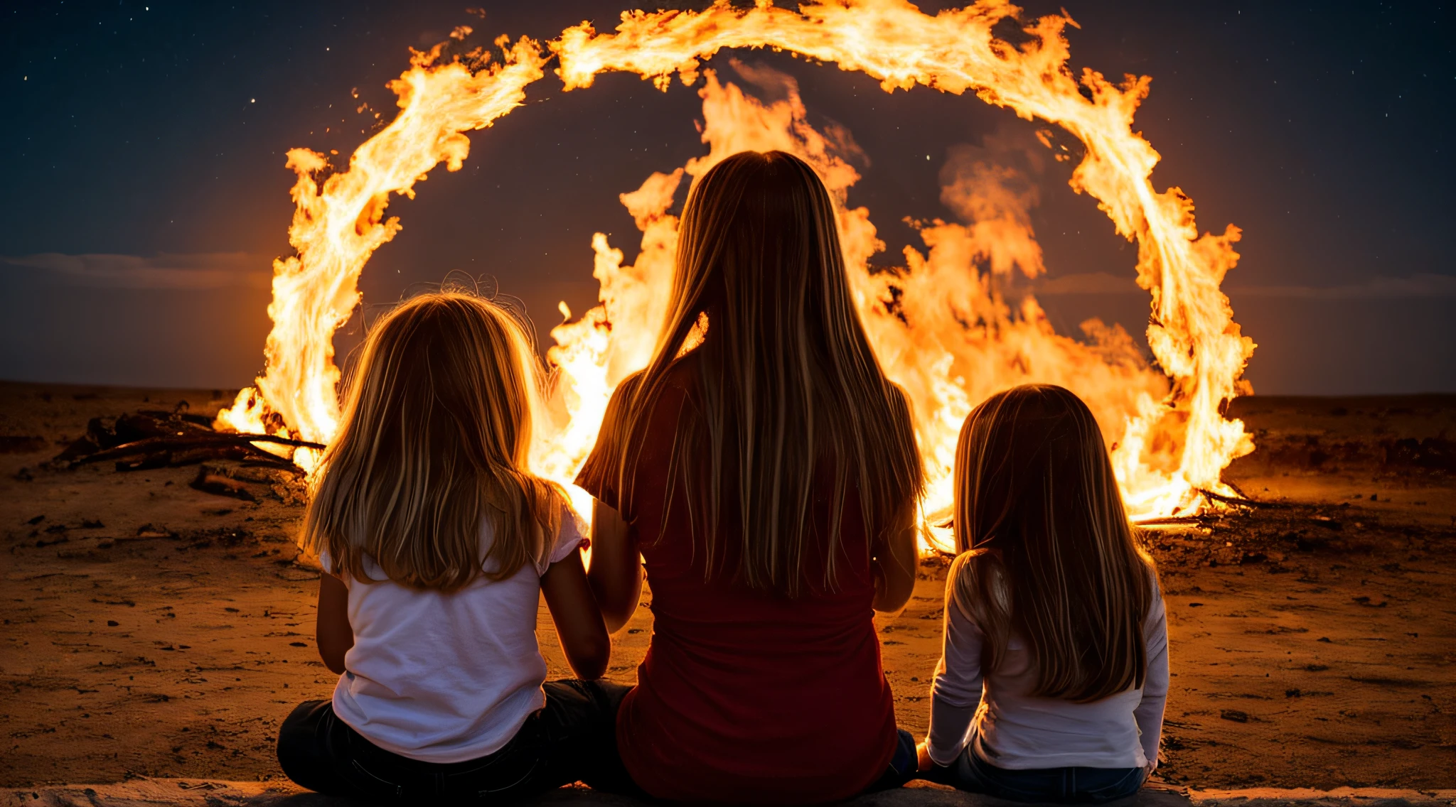 halo de fogo luminoso, there are two CHILDREN girls BLONDE HAIR in front of a ring of fire,
