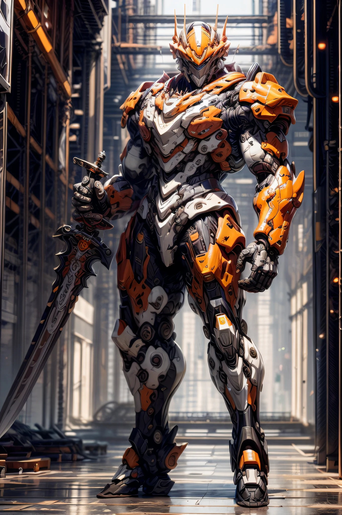 mechs_warrior, 1 boy, long_the hair, scienc_fiction, arma, The sword, predio_The sword, Gold and black-tone, Future mechanical warrior,Heavy weapons,heavy metal,mechs,full bodyesbione, kalap, predio_arma, mechs, Permanent, holdingsword, Sword in hand, fencer,((fencer)),The upper part of the body