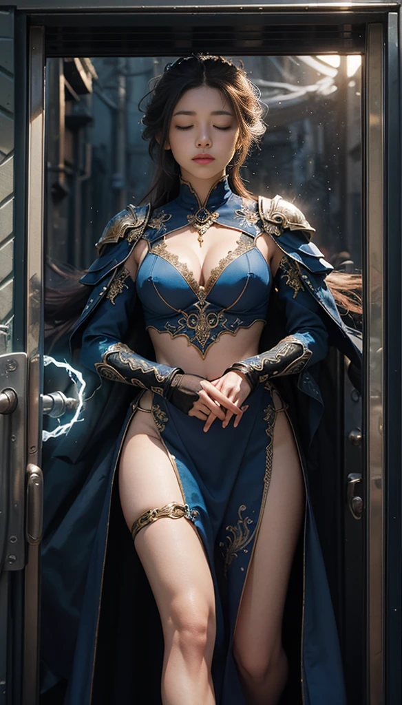 "Official Art, Unity 8k Wallpaper, Masterpiece, Best Quality, Fantasy, Ultra Detail, Full body shot, (Dynamic Angle), (Very Detail), Ultra High Definition, 8k UHD, (light rayer:1.05), Light Particles, Magic Effects swirling around her, Detailed Skin Texture, (illustration:1.05), (detailed light:1.05), (ultra-detailed:1.1), Solo, One Woman, hovering mid-air with a mystic aura. Eyes: deep electric blue that seem to harbor storms within, surrounded by dark eyelashes and soft glowing eyelids. Attire: a delicate balance of steel armor intricately designed, combined with soft silken fabrics that flow with her every move. Crown: made of steel, glistening with a metallic sheen, adorned with intricate patterns. Hair: long, flowing like live electricity. Holding an intricately designed hammer, emerging before a striking bolt of lightning, realistic light setting, (realistic), ((closed eyes))."