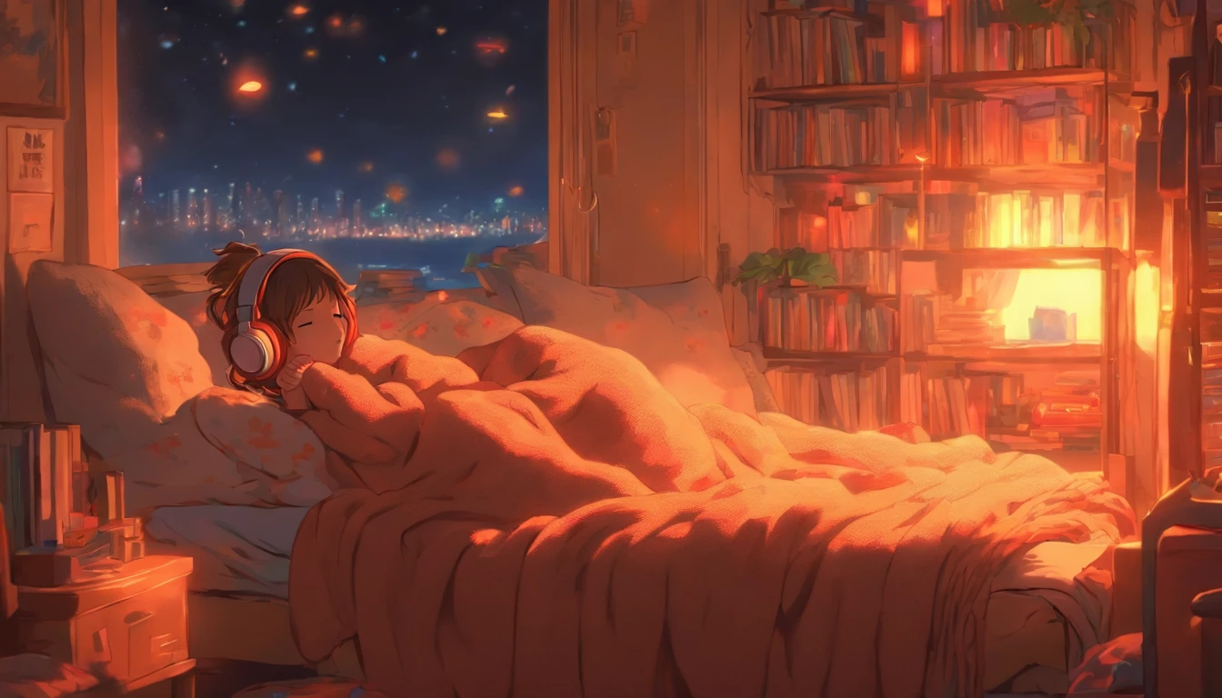 a girl, lying sleeping, wearing a big sweater, wearing headphones, legs covered with a blanket, lofi, calm, calm atmosphere, in her room looking at the window, cool, night, quiet night, cat, masterpiece, best quality