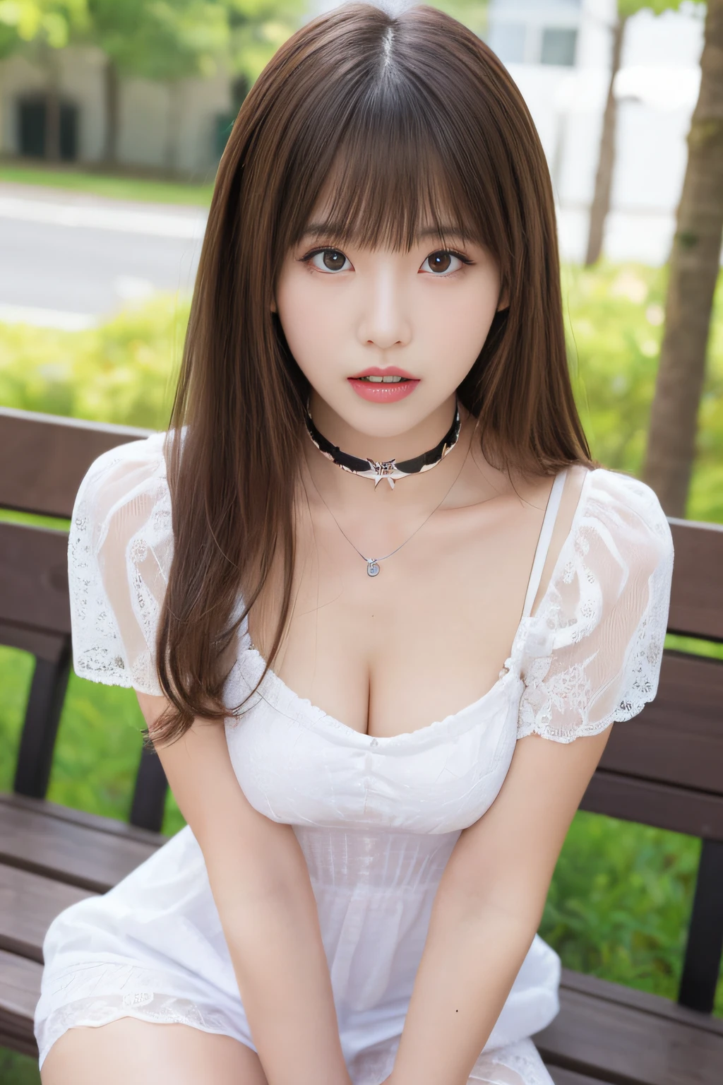 masutepiece, Best Quality, One girl, (Beautiful Girl:1.3), (************:1.2), Very fine eye definition, (Symmetrical eyes:1.3), NSFW, (cute little、With net-like slits、Highly detailed mini dress with open neckline、:1.3), Spread legs、Beautiful breasts, Brown eyes, Parted bangs, Brown hair, Upper teeth、background outdoor blur、Chain Choker、Sitting on a bench、White panties are visible、