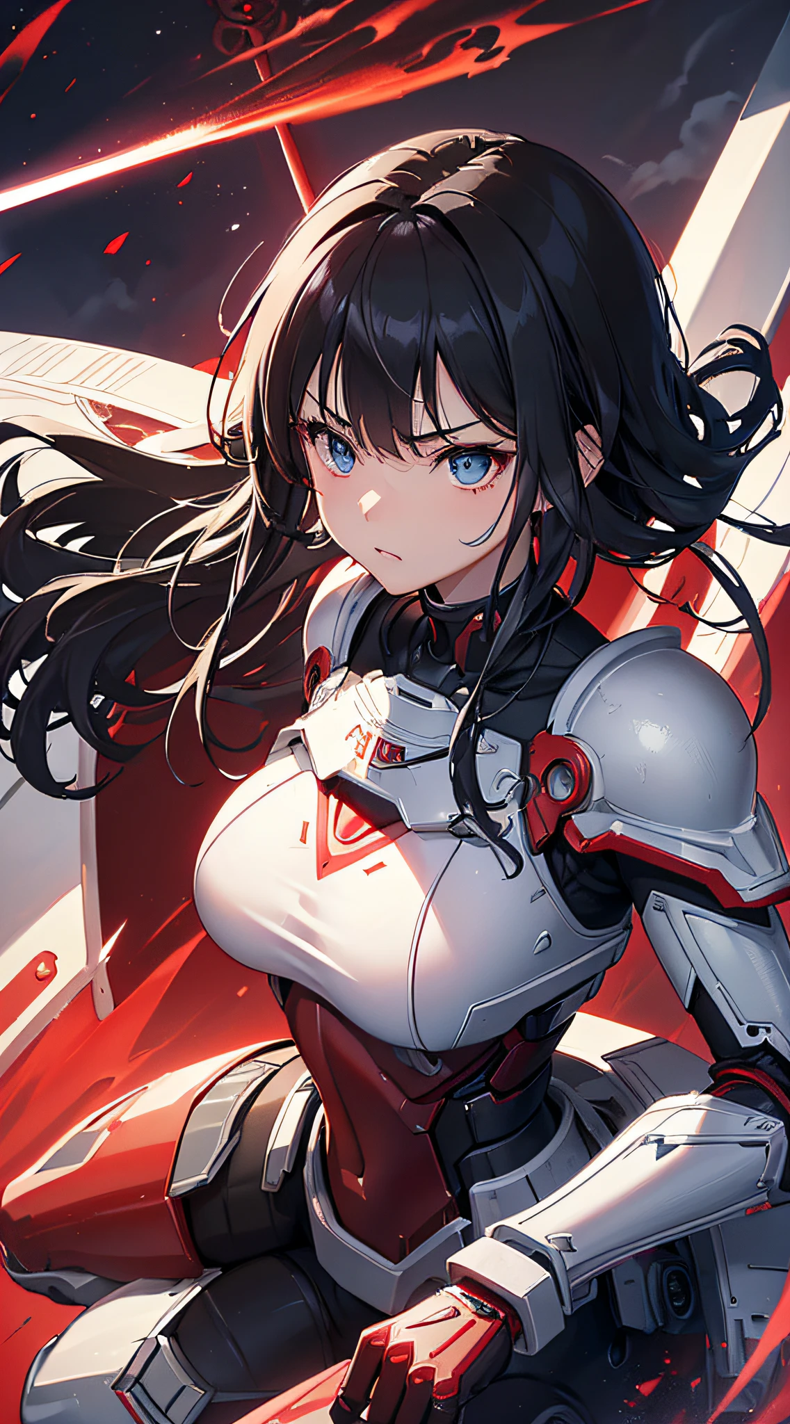 top-quality、Top image quality、masterpiece、girl with((White Body Armor、Bionic Arm、、teen ager、cute lit Bust、big bast,Beautiful light blue eyes、Breasts wide open, Black hair semi-long、A slender,Large valleys、belligerent movements,Warlike face、fighting poses、red glowing shield、Japanese sword shining red、Red muffler)),hiquality、Beautiful Art、Background with((Mechanical City、TOKYOcty)))、Depth((Black Giant Robot)),masutepiece、depth of fields,Cinematic style