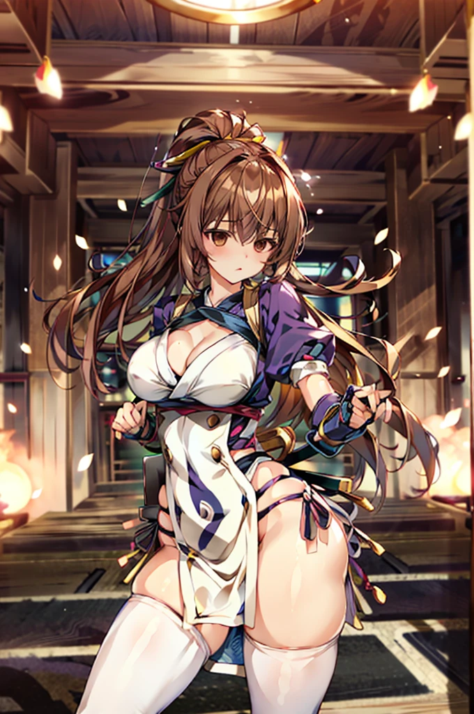 (masterpiece, best quality:1.3)
KasumiDOA, 1girl, solo, long hair, breasts, looking at viewer, bangs, large breasts, brown hair, thighhighs, dress, ribbon, cleavage, brown eyes, medium breasts, underwear, standing, panties, hair ribbon, braid, short sleeves, cowboy shot, japanese clothes, puffy sleeves, white thighhighs, puffy short sleeves, lips, sash, pelvic curtain, yellow ribbon, realistic, nose, arm guards, kote,hypnoLora,
empty eyes,Upright Pose,Inside a futuristic and complex operational command center:1.2)