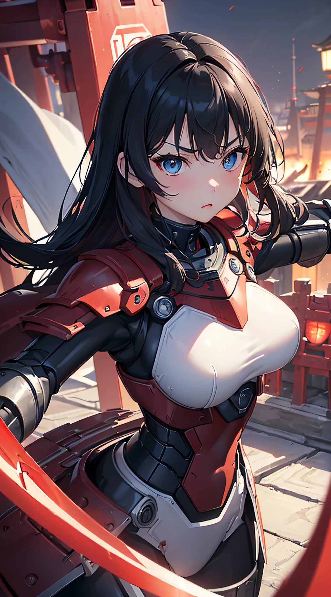 top-quality、Top image quality、masterpiece、girl with((White Body Armor、Bionic Arm、sixteen years old、teen ager、cute little、Best Bust、big bast,Beautiful light blue eyes、Breasts wide open, Black hair semi-long、A slender,Large valleys、belligerent movements,Warlike face、fighting poses、red glowing shield、Japanese sword shining red、Red muffler)),hiquality、Beautiful Art、Background with((Mechanical City、TOKYOcty)))、Depth((Black Giant Robot)),masutepiece、depth of fields,Cinematic style