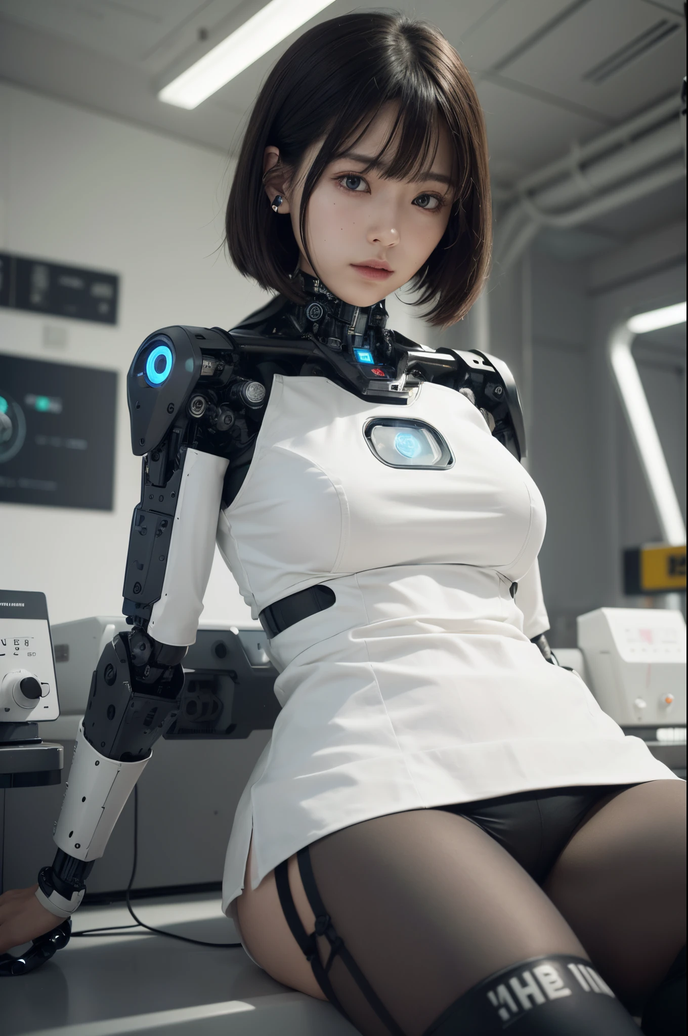 masterpiece, best quality, extremely detailed, (photorealistic:1.4),(RAW photo) (8K, 4K, Best Quality, hight resolution, 超A high resolution:1.1), (masutepiece, Realistic, Photorealsitic:1.1), 1girl in, Japaese Cyborg Girl,Plump ,pleated miniskirt,black high socks,control panels,android,Droid,Mechanical Hand, ,clothes with a sense of mechanical technology, Robot arms and legs, Black Robot Parts,Black hair,Mechanical body,Blunt bangs,White abdomen,White robotics parts,tube dress,perfect robot woman,future laboratory,cyber pank,charging spot,laboratory,long tube,thick cable connecting her neck,ceramic body ,full eyes,striking eyes,mechanical body, ear antenna,mechanical ear cover,android,robot humanoid