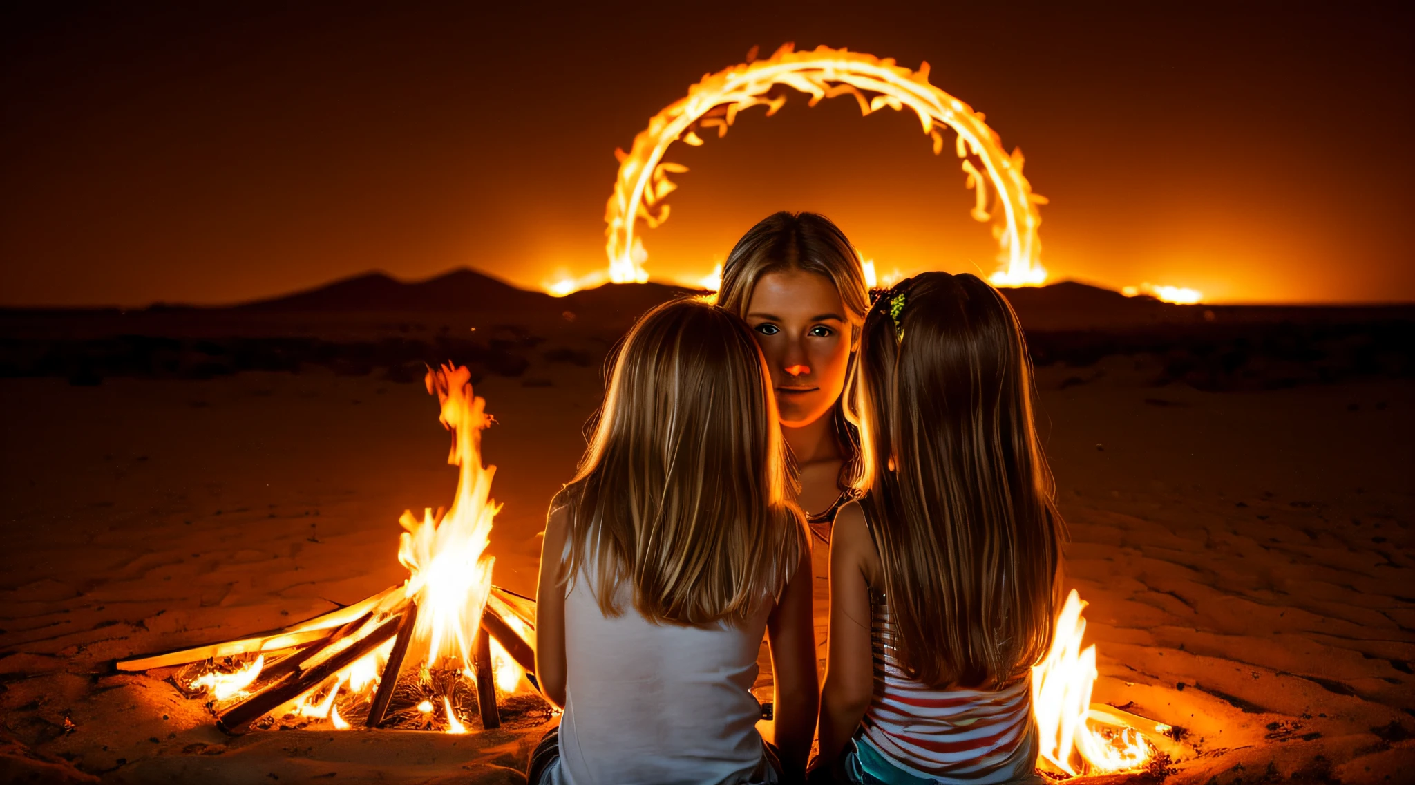 halo de fogo luminoso, there are two CHILDREN girls BLONDE HAIR in front of a ring of fire,