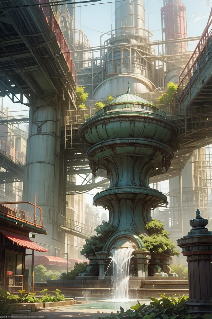 a water fountain with trees and a building in the background, a matte painting, inspired by David LaChapelle, environmental art, chemical plant, vibrant vivid colors, high quality product image”, the city is full of green plants