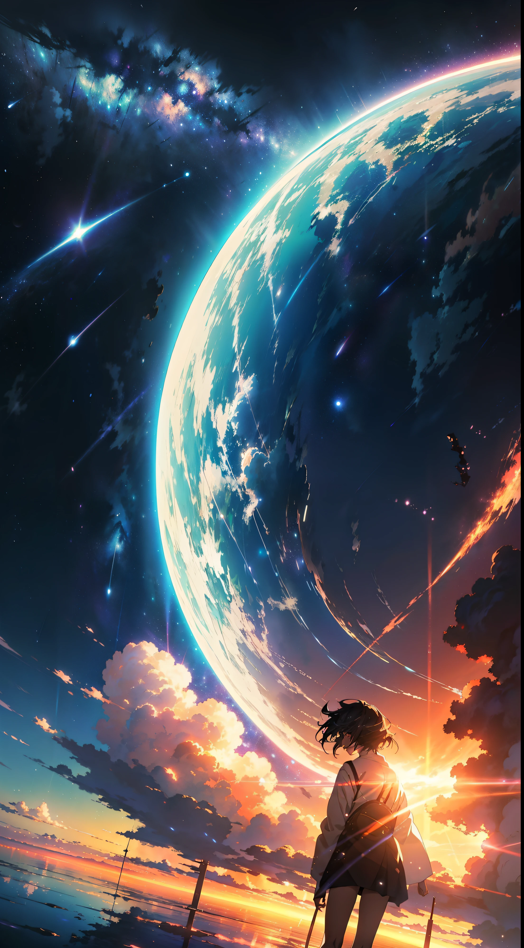 anime - style scene of a beautiful sky with a star and a planet, cosmic skies. by makoto shinkai, anime art wallpaper 4k, anime art wallpaper 4 k, anime art wallpaper 8 k, anime wallpaper 4k, anime wallpaper 4 k, 4k anime wallpaper, anime sky, amazing wallpaper, anime background, heaven planet in background, anime background art