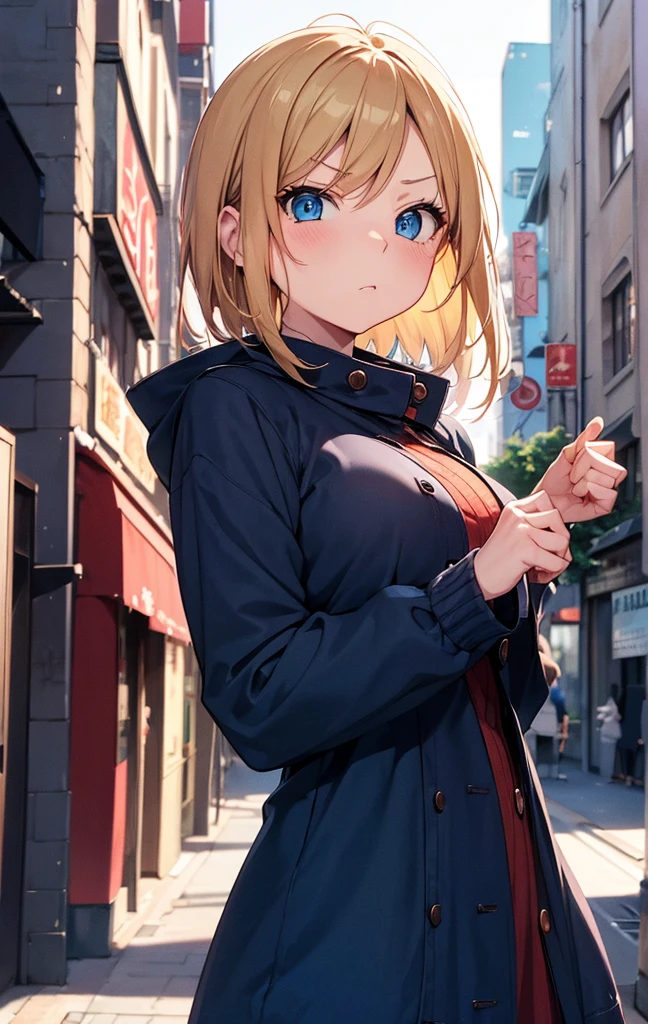 2D Anime Style、Beautiful blue eyes(Talented lo-fi:1.3),breasts are slightly larger、Blonde Shorthair,Cool adult woman with an angry expression,Red knitted dress,wear a long black coat,walking in city,European-style cityscape,