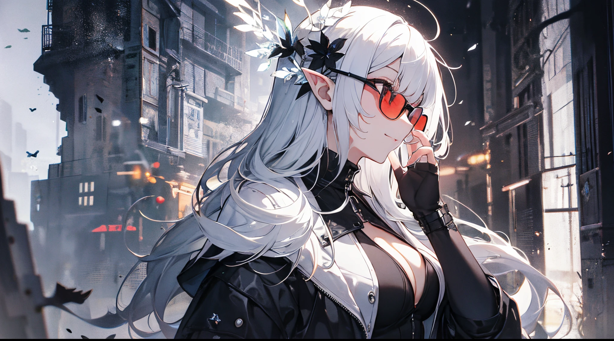 ((tmasterpiece:1.4,Best quality at best))+,(hyper-detailing)+,(詳細な目:1.5)+,(pointy ears:1.5),
(cute girls),(Golden-red eyes:1.5),(cabelos preto e longos:1.5),(wariza:1.2),pale-skinned,Seductive smile,black crystal block,Red crystal on forehead,sun glasses,(White lab coat,black shirt,black long pants:1.5),(black Bracelet:1.4),dense fog,burning pipe,The stands up,Put your hands in your trouser pockets,metal chains,Black silk gloves,green glitter effect,(fashionable girl:1.1),(dawn light:1.2),(Thick black and white:1.16),(depth of fields:1.4),Complicated details,color mixing,Detailed route,Excellent,super detailing,The content is very detailed,(hight contrast:1.11),ventania,Amazing cleavage,beautidful eyes,messy hair,(best illuminate,Extremely Delicately Beautiful), ((movie light lighting)), (seen from the side:1.3),8K,tmasterpiece,Best quality at best,cinematic Film still from,1 plump girl,(Close-up cleavage:1.1),bright,Interesting,gentlesoftlighting,(bauhause,shape,line engineering,Abstract:1.1)offcial art, Unity 8k壁纸, ultra - detailed, Beautiful and beautiful, tmasterpiece, Best quality at best, (dynamic angle:1.4),PerfectNwsjMajic,(tmasterpiece,top-quality,Best quality at best,offcial art,Beauty and aesthetics:1.2),The content is very detailed,rich colourful,highest details,