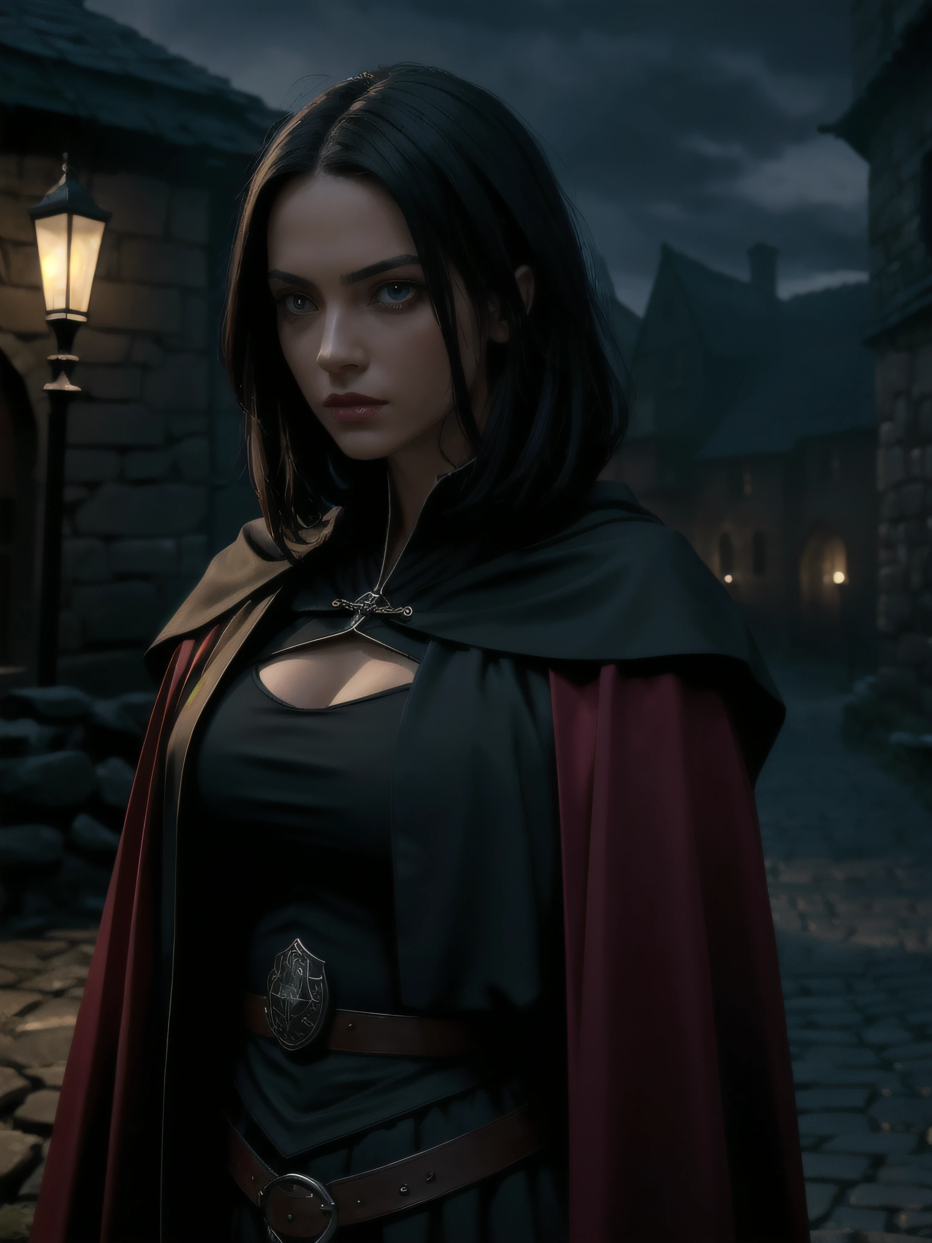 ultra-realistic portrait of a woman, beautiful, assassin, black short straight hair, red eye, a black assassin's robe with a heraldic crest, fantasy theme, fantastic, dark fantasy, RPG, (medieval:1.2), (night:1.5), dark atmosphere, low light, (medieval themed town background), character design, moody, film grain, dark, highly detailed. photography, professional, 4k, 8k HD, highly detailed, professional