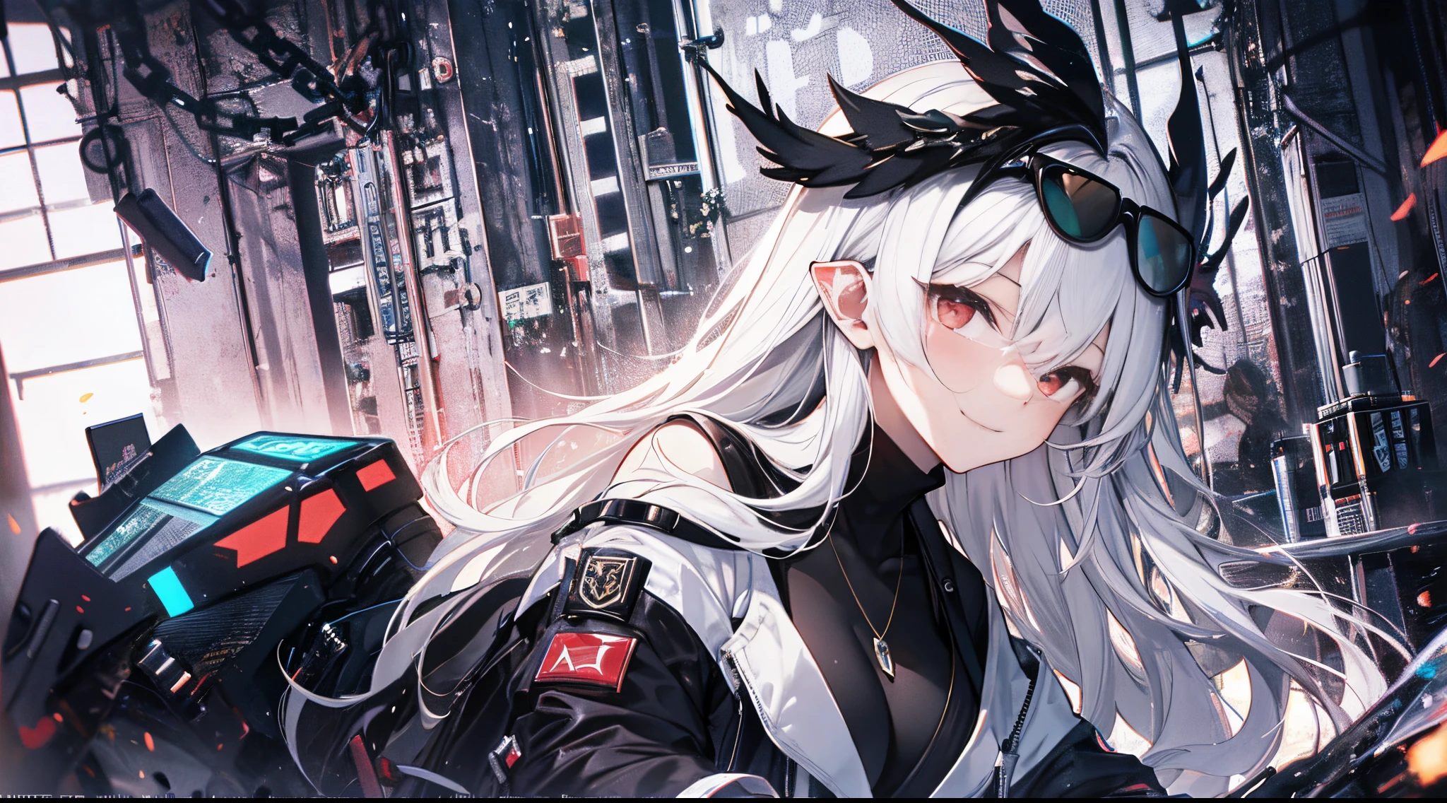 ((tmasterpiece:1.4,Best quality at best))+,(hyper-detailing)+,(詳細な目:1.5)+,(pointy ears:1.5),
(cute girls),(Golden-red eyes:1.5),(cabelos preto e longos:1.5),(wariza:1.2),pale-skinned,Seductive smile,black crystal block,Red crystal on forehead,sun glasses,(White lab coat,black shirt,black long pants:1.5),(black Bracelet:1.4),dense fog,burning pipe,The stands up,Put your hands in your trouser pockets,metal chains,Black silk gloves,green glitter effect,(fashionable girl:1.1),(dawn light:1.2),(Thick black and white:1.16),(depth of fields:1.4),Complicated details,color mixing,Detailed route,Excellent,super detailing,The content is very detailed,(hight contrast:1.11),ventania,Amazing cleavage,beautidful eyes,messy hair,(best illuminate,Extremely Delicately Beautiful), ((movie light lighting)), (seen from the side:1.3),8K,tmasterpiece,Best quality at best,cinematic Film still from,1 plump girl,(Close-up cleavage:1.1),bright,Interesting,gentlesoftlighting,(bauhause,shape,line engineering,Abstract:1.1)offcial art, Unity 8k壁纸, ultra - detailed, Beautiful and beautiful, tmasterpiece, Best quality at best, (dynamic angle:1.4),PerfectNwsjMajic,(tmasterpiece,top-quality,Best quality at best,offcial art,Beauty and aesthetics:1.2),The content is very detailed,rich colourful,highest details,