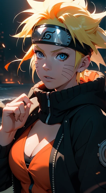 Naruto Uchiha Vortex is super realistic,detail-rich,Super short blonde hair,Orange clothes,Forehead,one-girl,Large breasts,cleavage,Be red in the face,Yellow hair,best qualityer,tmasterpiece, Johnny Depp walks across the beach at night among fireflies,sharp fokus, contrasty lighting, Delicate skin, High resolution 8K, insanely details, realisticlying, professional photoshooting, 8K UHD, SLR camera, softlighting, high high quality, filmgrain, Fujifilm XT3,Keep one's mouth shut,particle fx