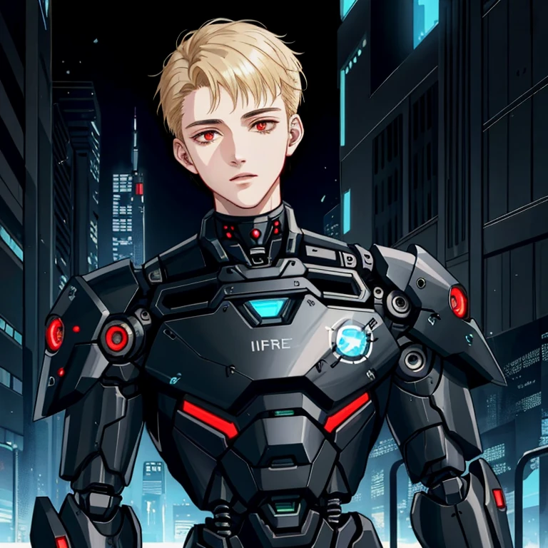 Beautiful boy robot face, black organic robot, black plastic, cyborg robot parts, Black mechanical body, arm prosthesis, Alone, Machine made joints, Mechanical limb, The mechanical spine is fixed to the back, scientific fiction, Armageddon, cyberpunk backgrouns, A 23-year-old cyborg boy，Short blonde hair midpointed, red eyes, Keep a straight face，expressiveless, no extra finger