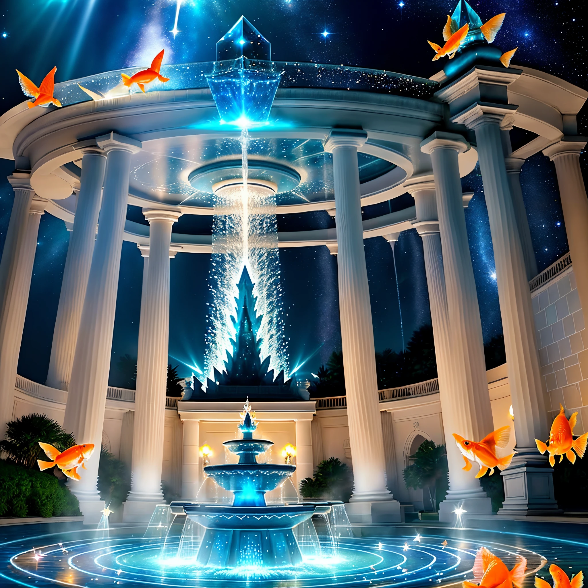 Water fountain in the shape of a glass pyramid, Goldfish swim in the water of the fountain, Swimming in space, Jets of water and light burst out of the fountain and rush into starry space, flickering, glistering, surrealism, Psychedelic, immense detail, a photo of a, tmasterpiece, photo-realistic, atmospheric, Filmic, 8K