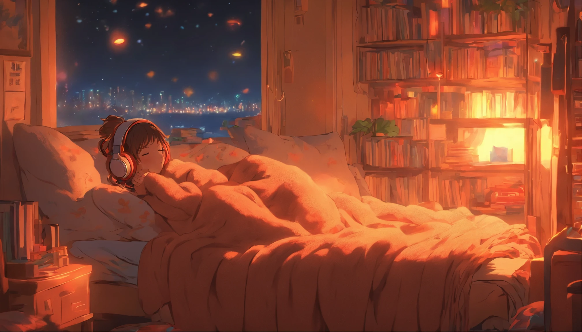a girl, lying sleeping, wearing a big sweater, wearing headphones, legs covered with a blanket, lofi, calm, calm atmosphere, in her room looking at the window, cool, night, quiet night, cat, masterpiece, best quality