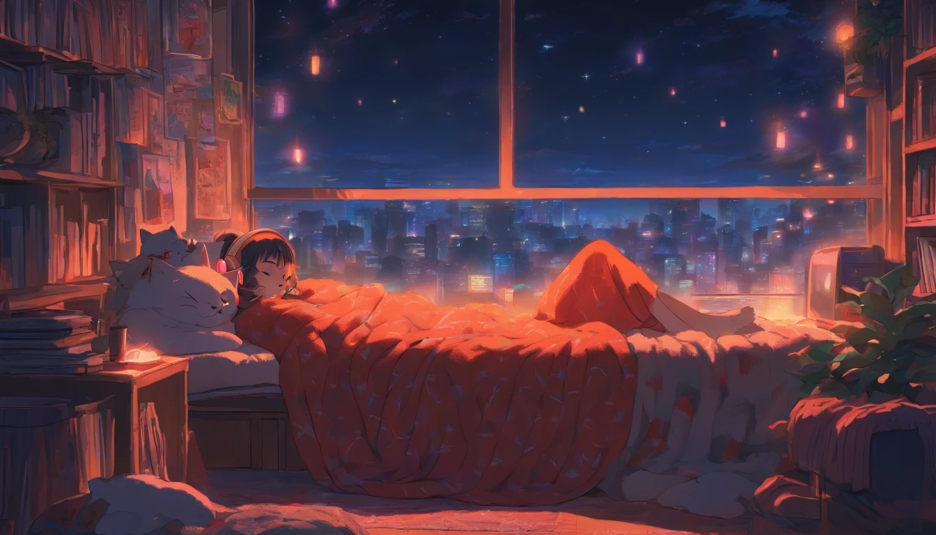 a girl, lying sleeping, wearing a big sweater, wearing headphones, legs covered with a blanket, lofi, calm, calm atmosphere, in her room looking at the window, cool, night, quiet night, cat, masterpiece, best quality