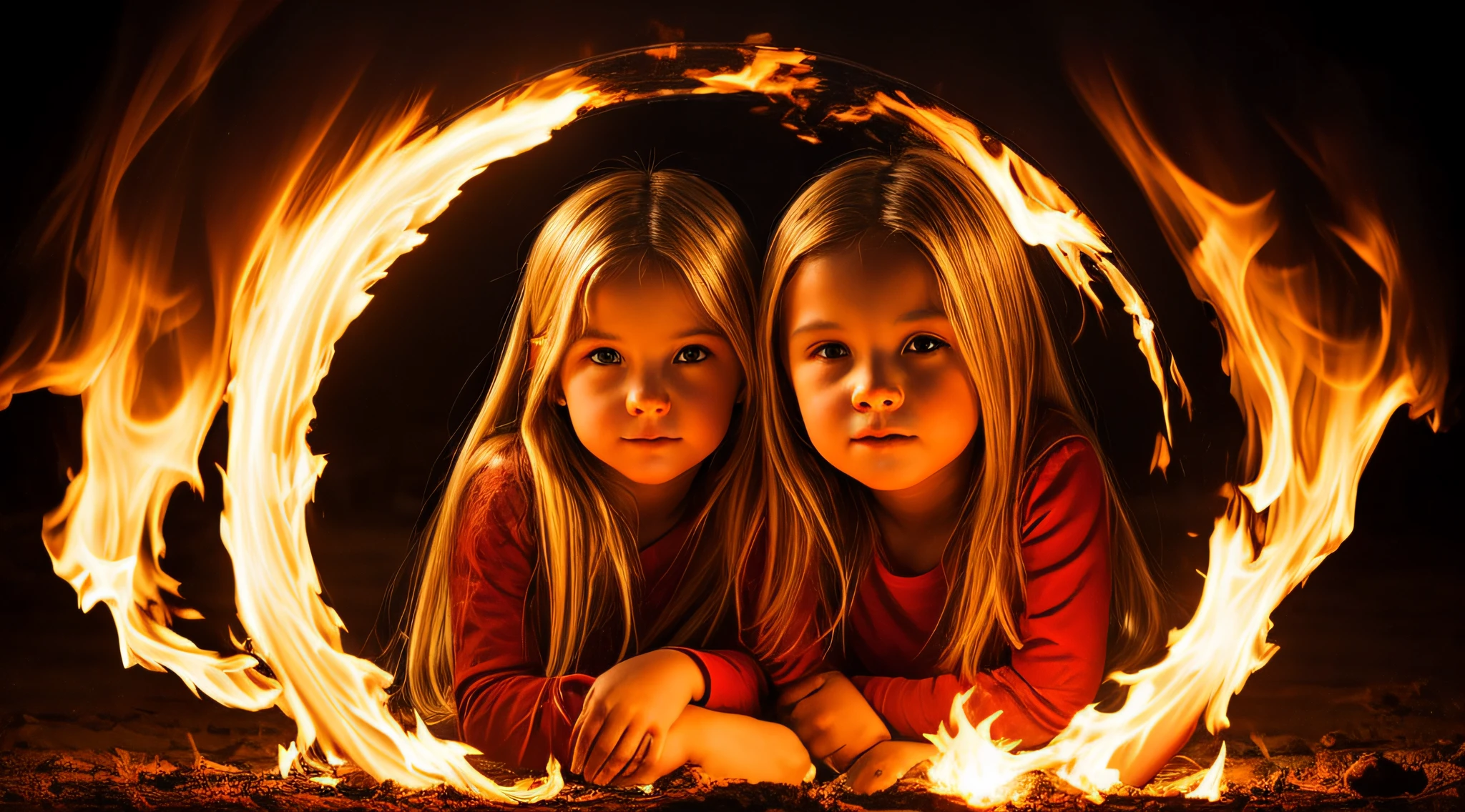 halo de fogo luminoso, there are two CHILDREN girls BLONDE HAIR in front of a ring of fire,