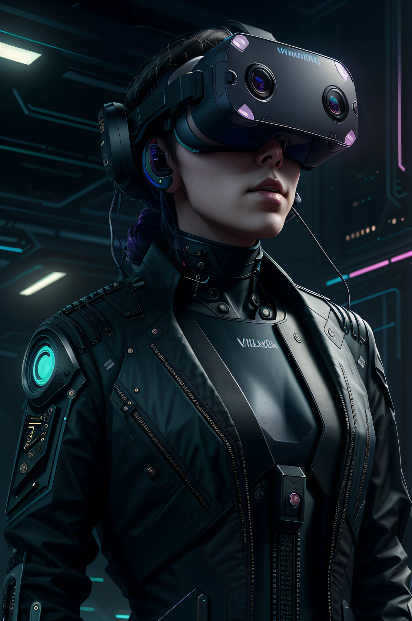 ((best quality)), ((masterpiece)), (Very detailed:1.3), 3D, fair (Cyberpunk:1.3) Bushy-haired female hacker operating a computer terminal,Head-mounted display, Computer Servers, LCD screen, optic fibre cable, Corporate logo,HDR (High Dynamic Range),Ray Tracing,NVIDIA RTX,Super Resolution,Unreal 5,Subsurface scattering,PBR textures,Post-Processing,Anisotropic filtering,Depth of Field,Maximum clarity and sharpness,Multi-layered textures,Albedo and highlight maps,Surface Shading,Accurate simulation of the interaction between light and material,Perfect proportion,Octane Rendering,Two-color lighting,Low ISO,White Balance,Rule of Thirds,Large aperture,8K Native,High-efficiency sub-pixel,Sub-pixel convolution,Glowing particles,