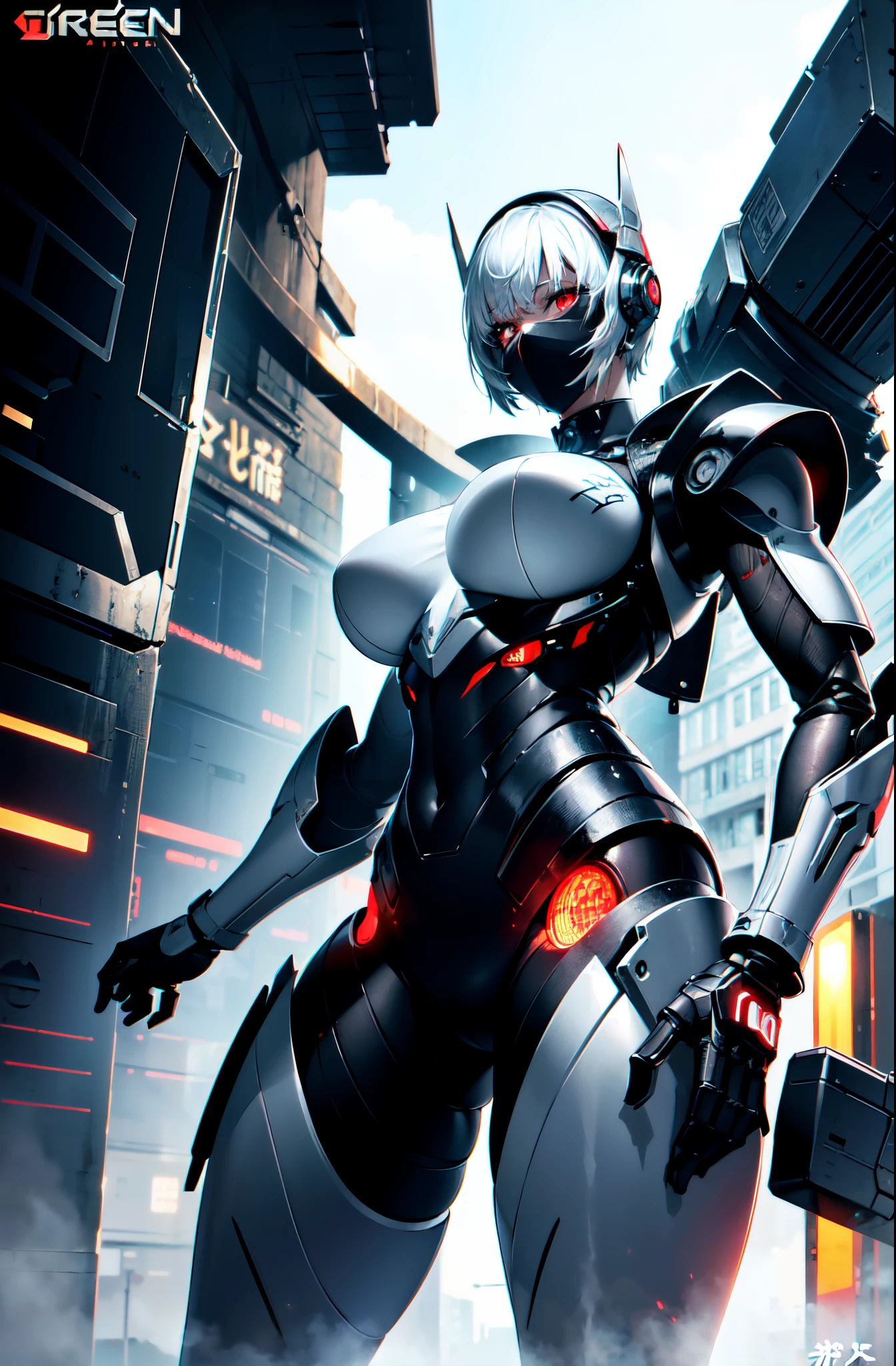 Extraordinary beautiful girl, fuselage, mechanical naked robot, mecha girl, White hair, Short hair details, (red eyes:1.3), Inorganic skin, science fantasy,intermittently, (Exoskeleton suit), (Perfect Finger, 4fingers and 1thumbs), (There are thick armors on the limbs:1.5), (Lop, navel, absolutely_good memory), intermittently, cowboys_shooting, Side focus, open stance, (Cybertech punk mask:1.2), There are huge thrusters on the waist, Side breasts, full bloom, ultra detailed concept art, The content is very detailed, hawken, sci-fi battlefield, tmasterpiece, Best quality, Capture super cute moments, depth of fields, ultra - detailed, 超高分辨率, c4d, octadale, 3D modeling, 8K, 16k,