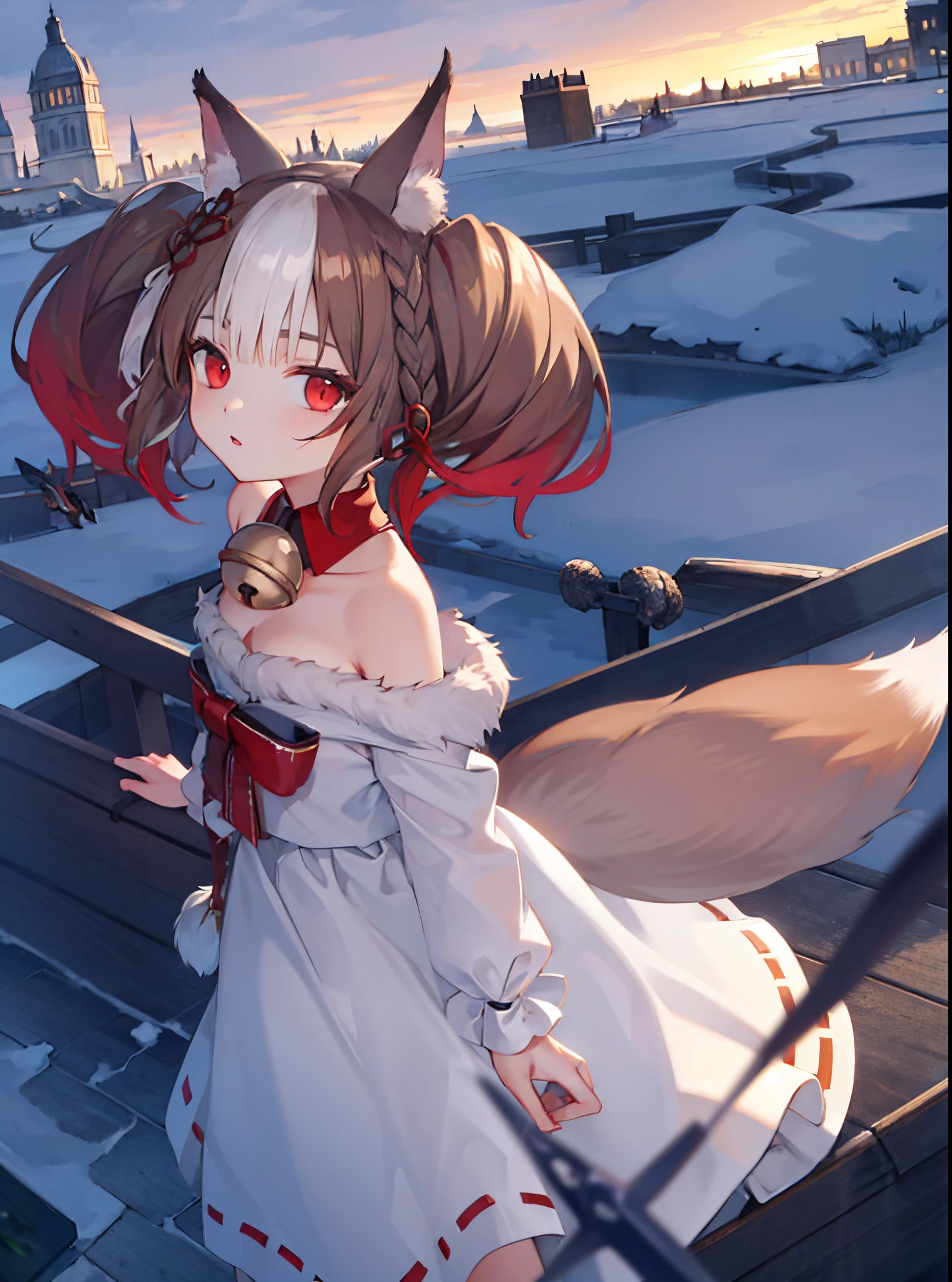 (Highest picture quality), (Master's work),(solo:1.2),backlighting,extremely delicate backgroud,white fog,animal ears ,1girl , fox ears ,bangs , red eyes , multicolored hair , twintails , animal ear fluff ,brown hair , hair ornament ,bell , dusk,sunset,building,cloudy sky,rim lighting, two tone lighting,acing viewer,