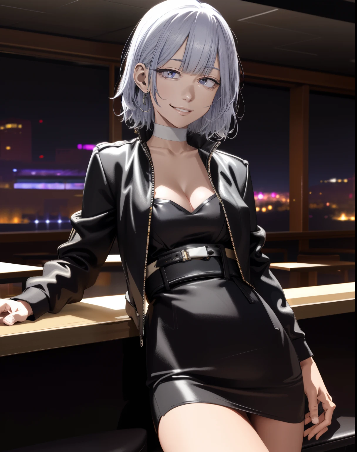 portrait photo of elexissinclaire wearing esjacket at a nightclub sitting at bar, wicked smile, (masterpiece) (best quality) (detailed) (8k) (HDR) (wallpaper) (cinematic lighting) (sharp focus) (intricate)